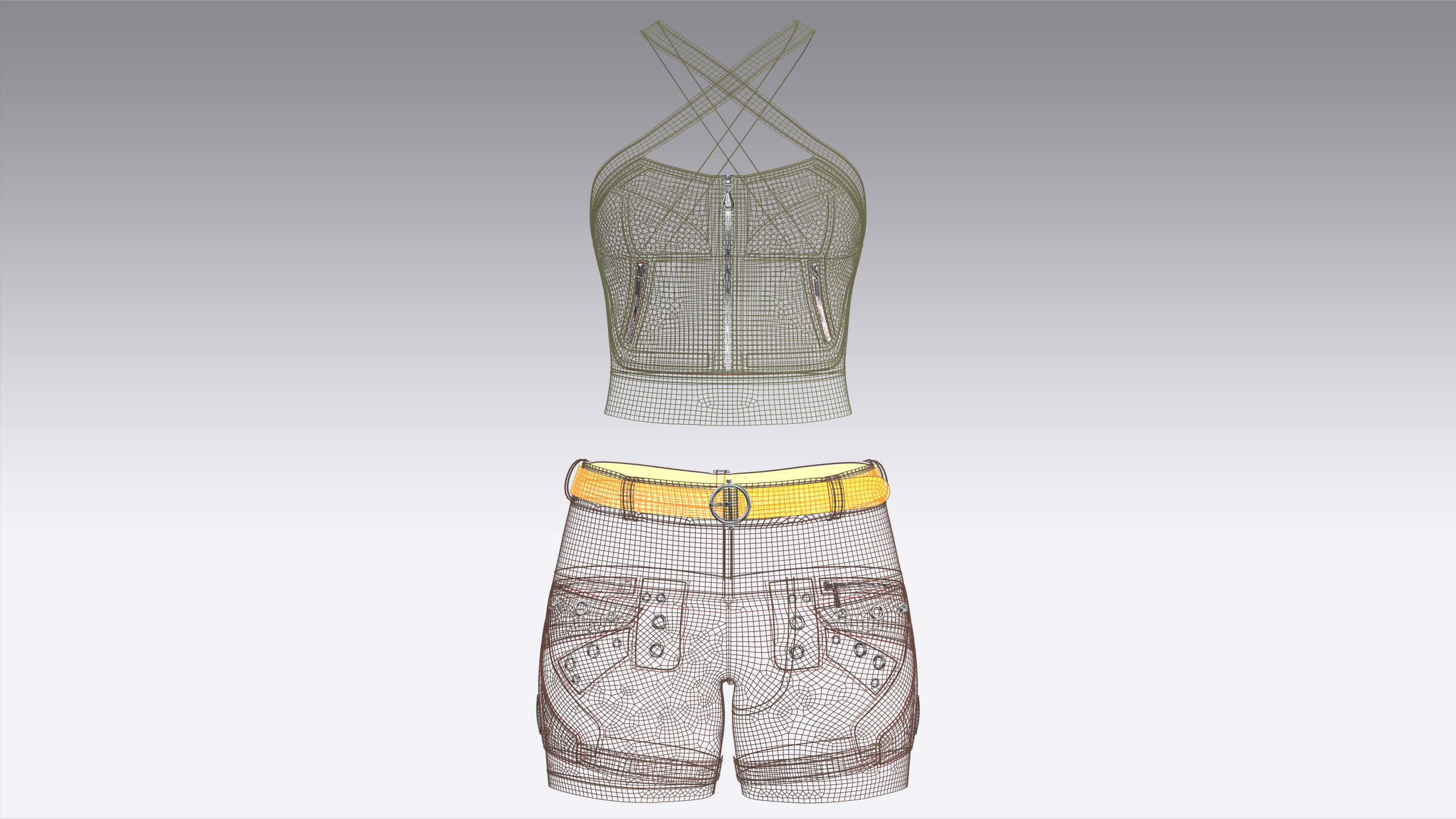 Girls Cross-Strap Crop Top With Cargo Shorts 3D Model