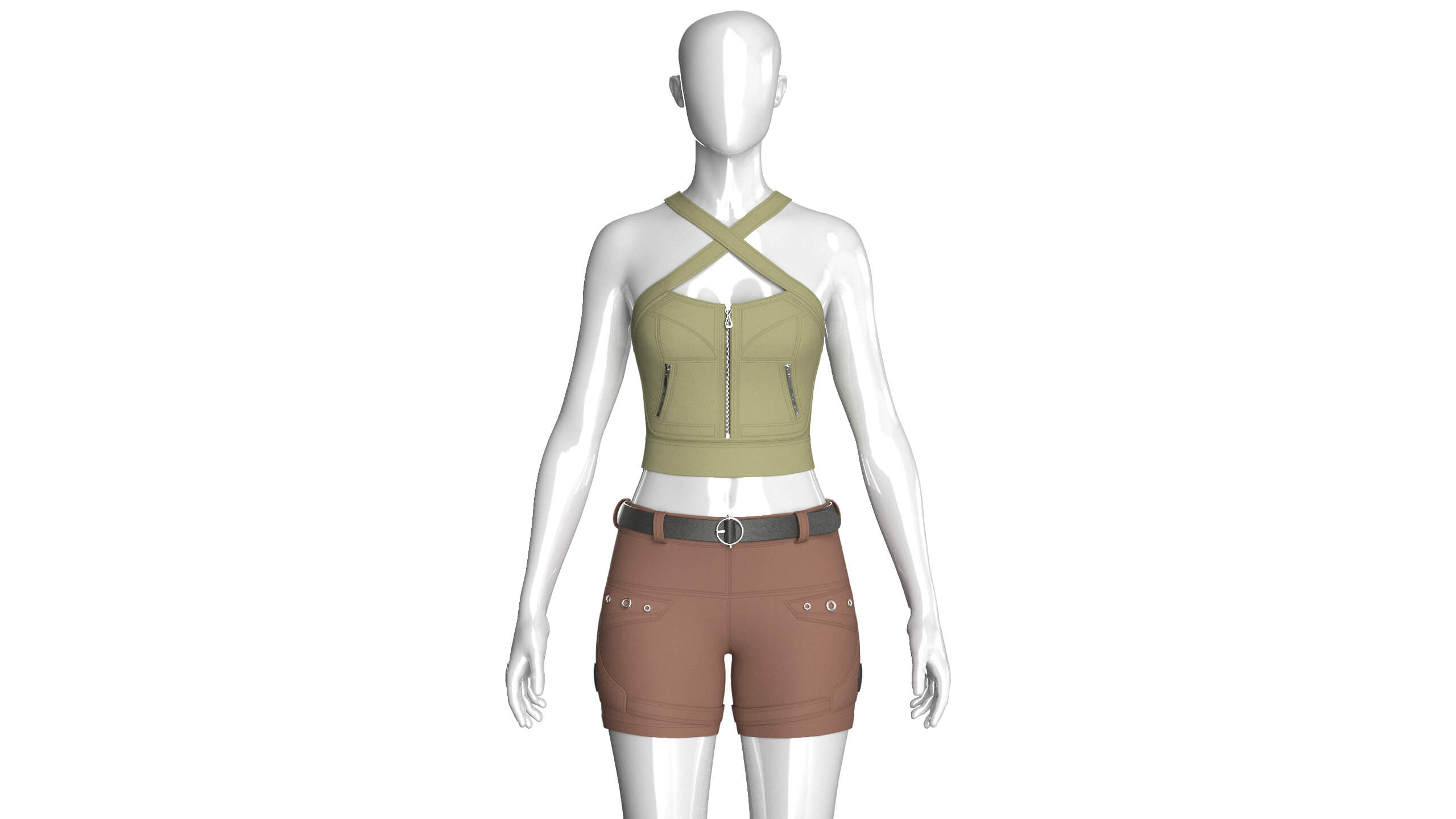 Girls Cross-Strap Crop Top With Cargo Shorts 3D Model