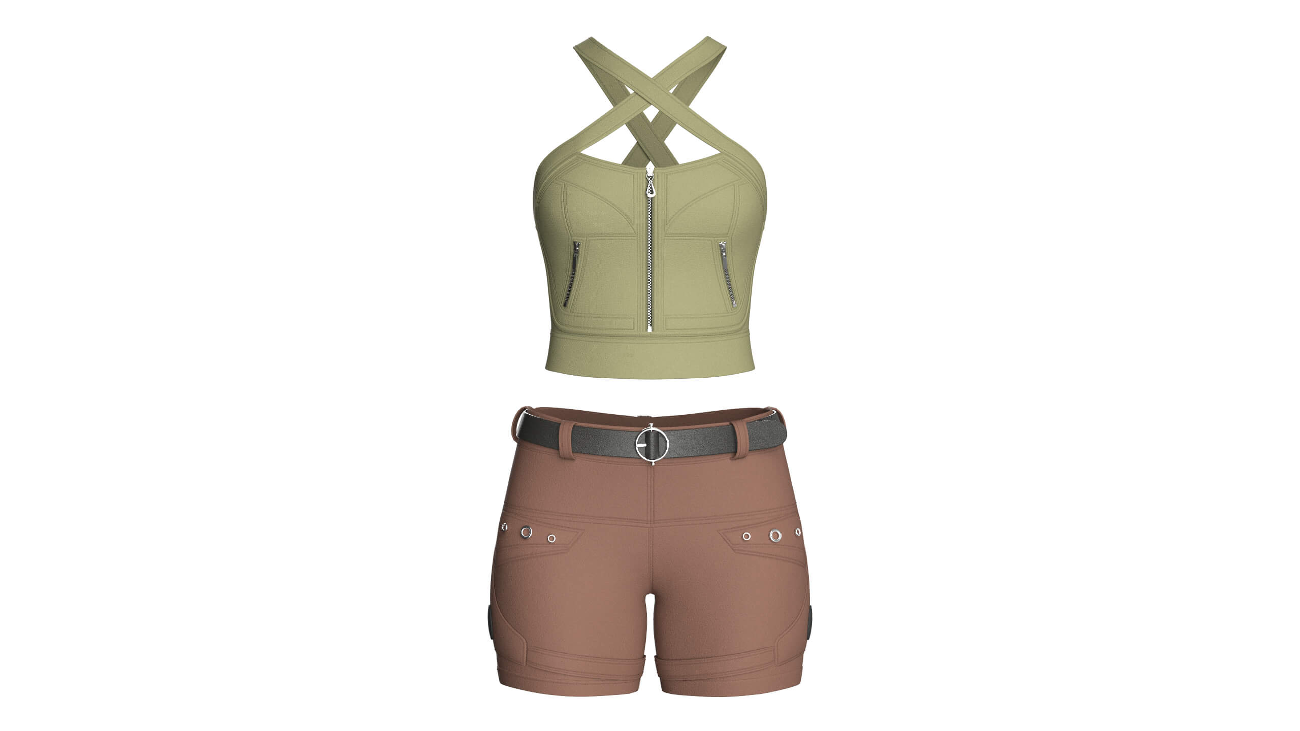 Girls Cross-Strap Crop Top With Cargo Shorts 3D Model