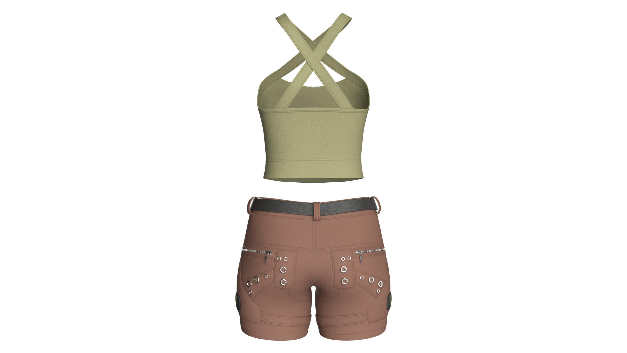 Girls Cross-Strap Crop Top With Cargo Shorts 3D Model