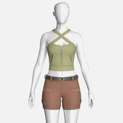 Girls Cross-Strap Crop Top With Cargo Shorts 3D Model