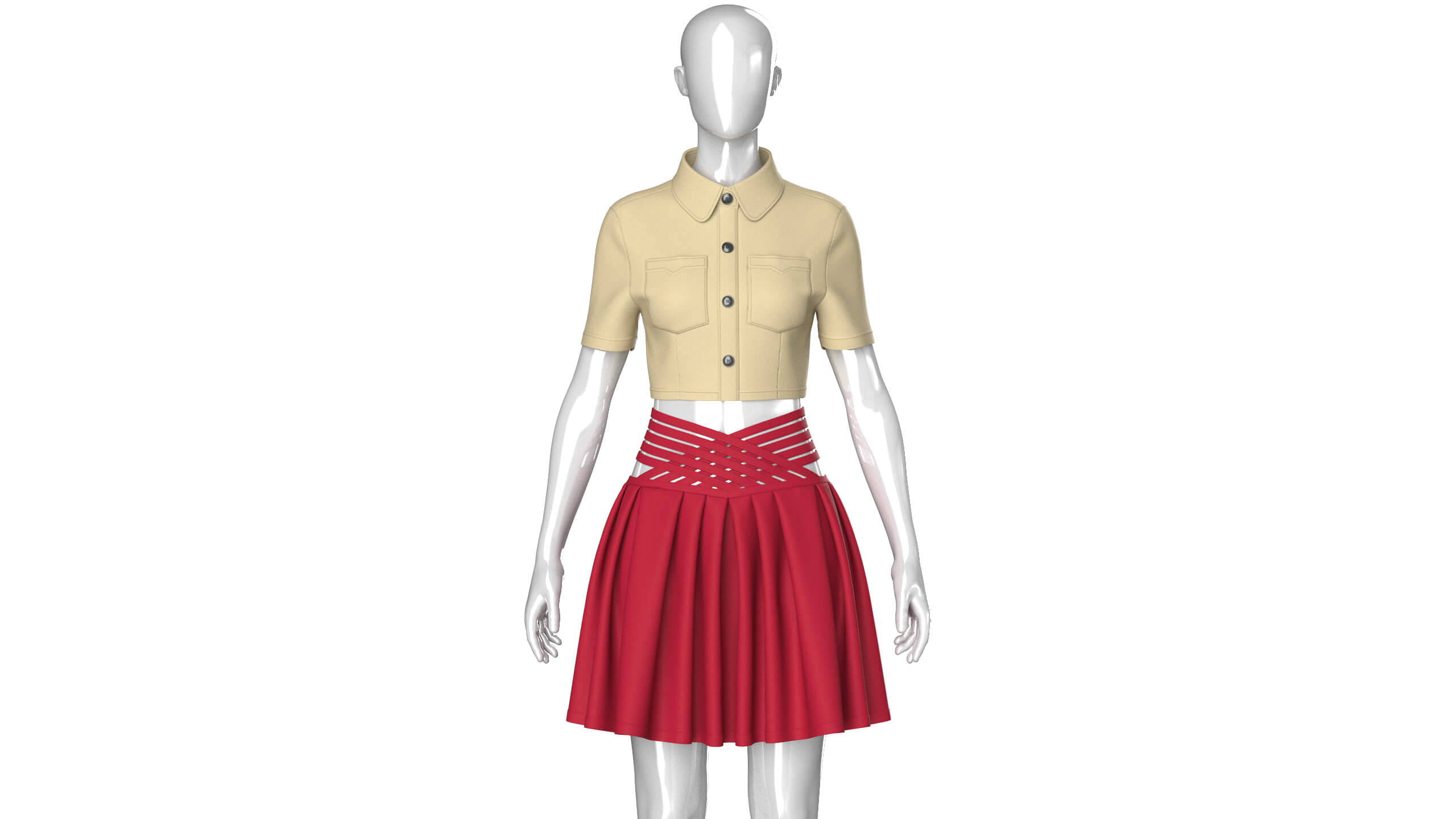 Girls Cross-Strap Waist Skirt with Cropped Shirt 3D Model
