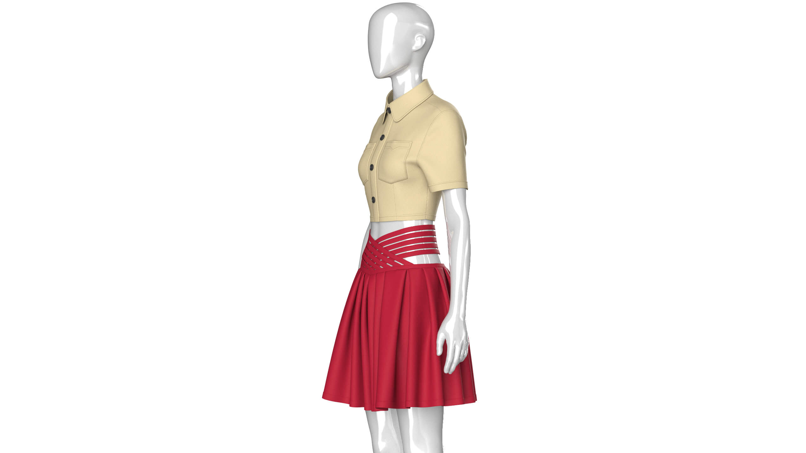 Girls Cross-Strap Waist Skirt with Cropped Shirt 3D Model