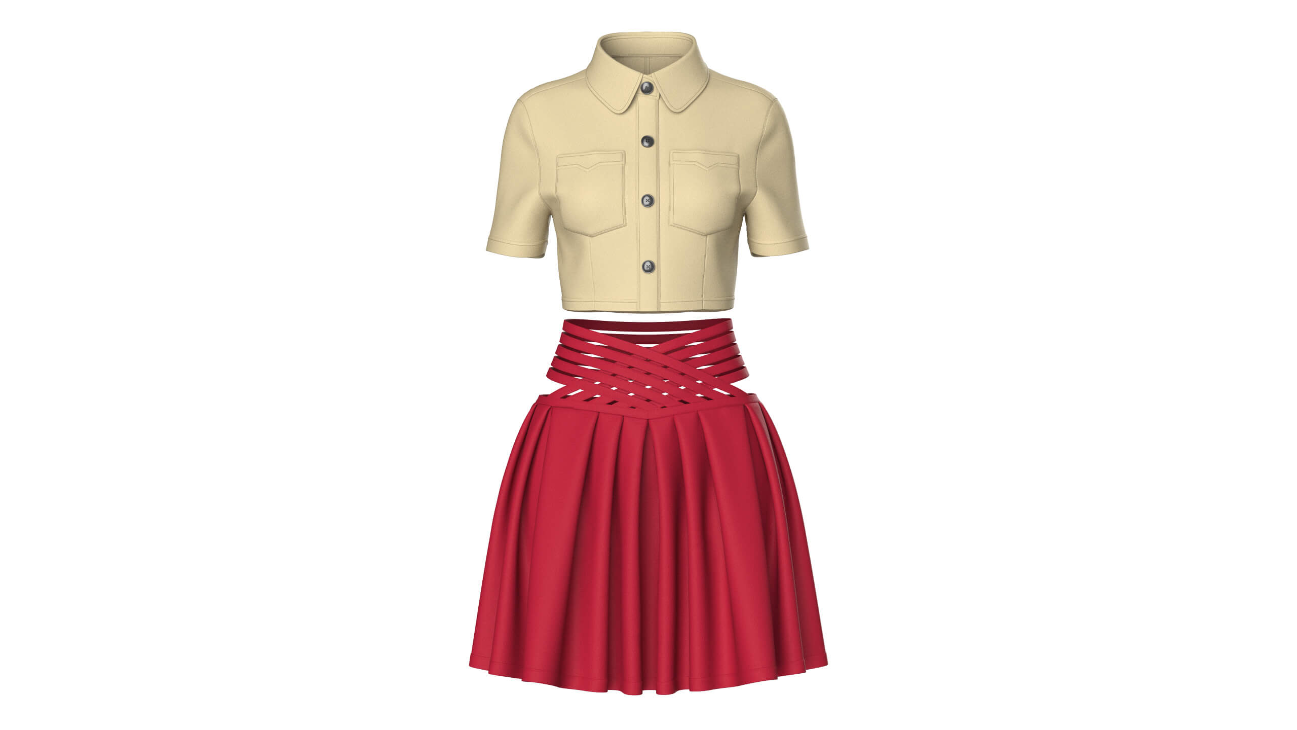 Girls Cross-Strap Waist Skirt with Cropped Shirt 3D Model