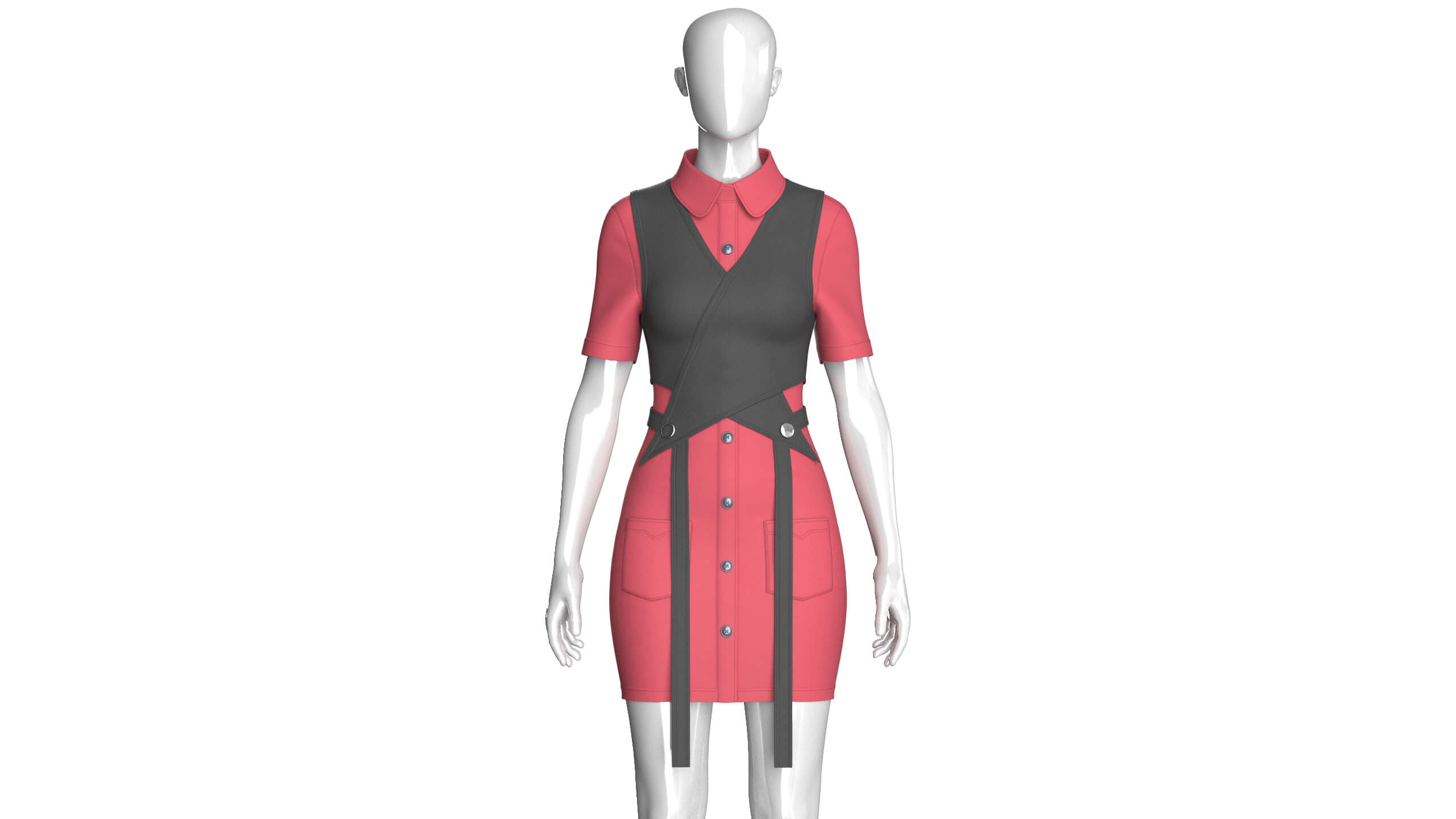 Girls Cross Wrap Vest with Button-Up Shirt Dress 3D Model