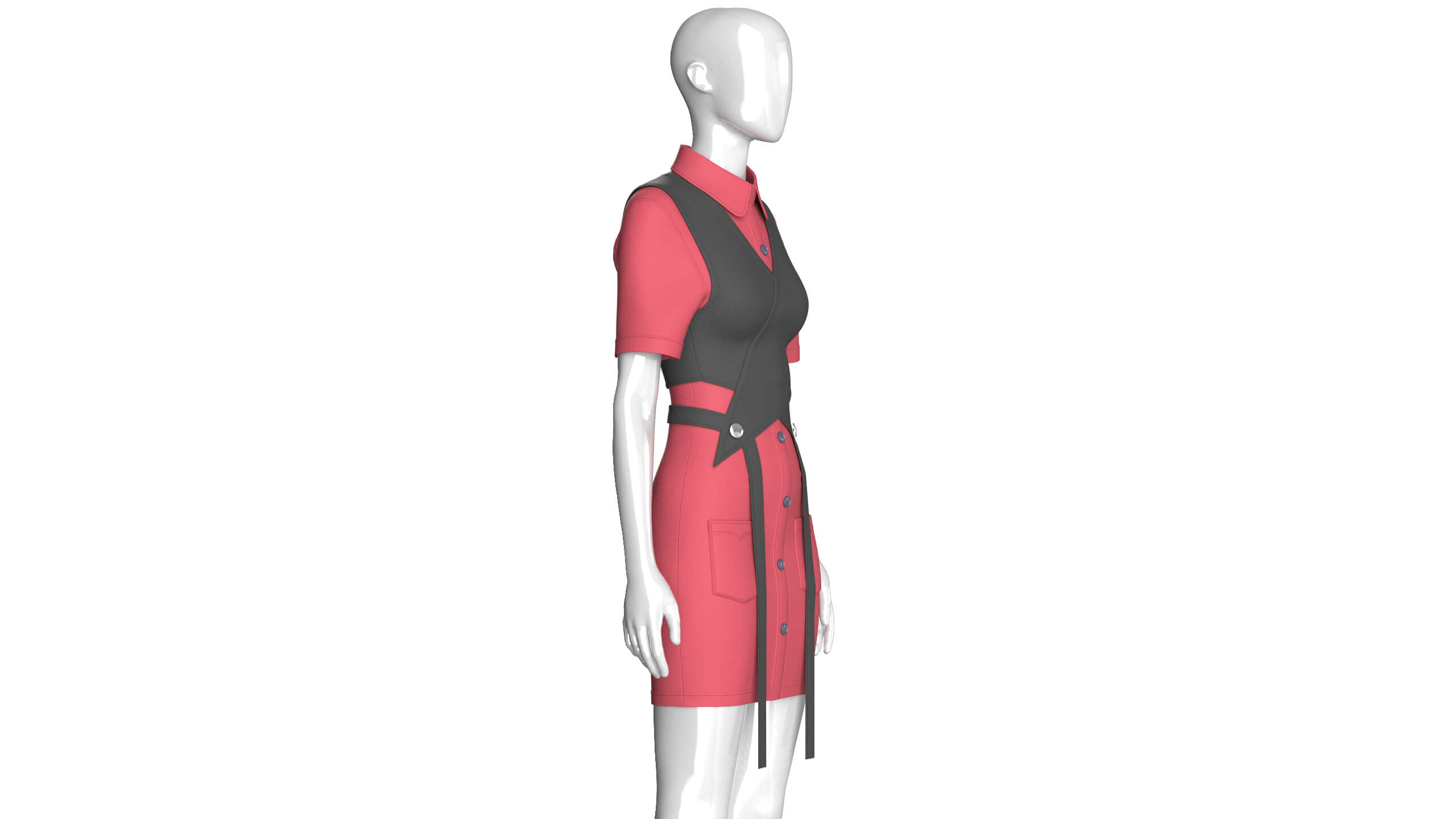 Girls Cross Wrap Vest with Button-Up Shirt Dress 3D Model