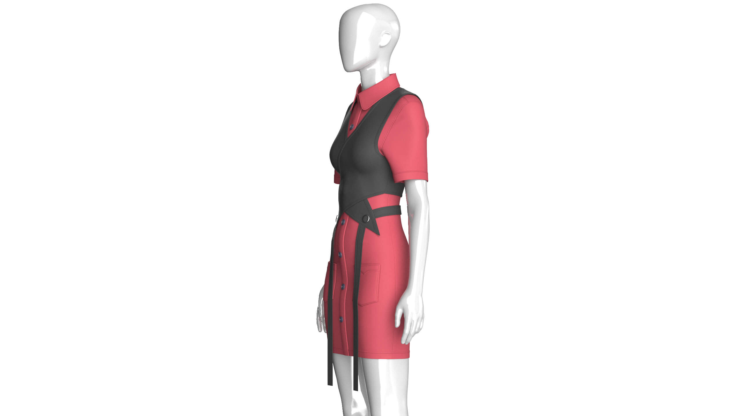 Girls Cross Wrap Vest with Button-Up Shirt Dress 3D Model
