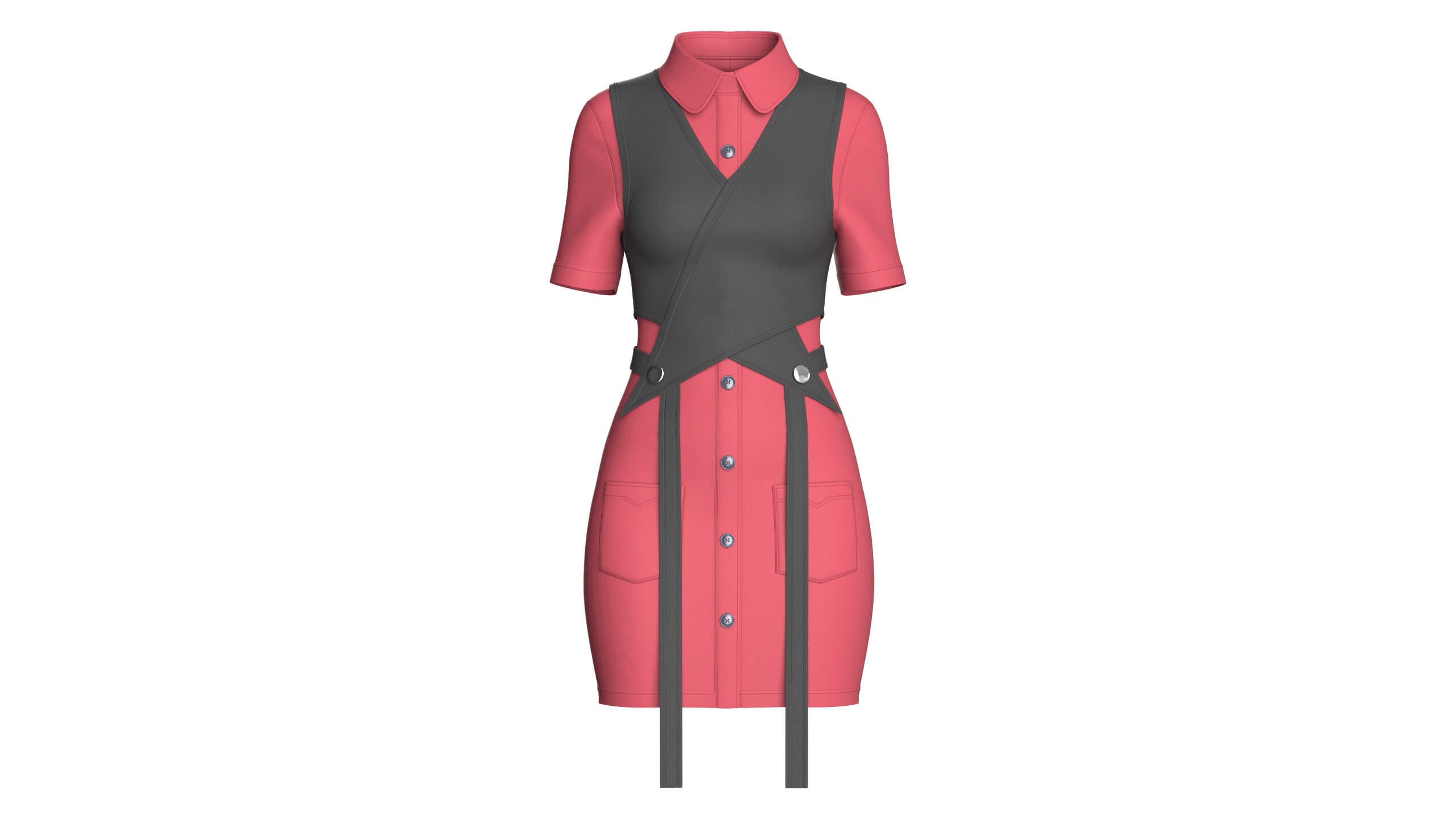 Girls Cross Wrap Vest with Button-Up Shirt Dress 3D Model