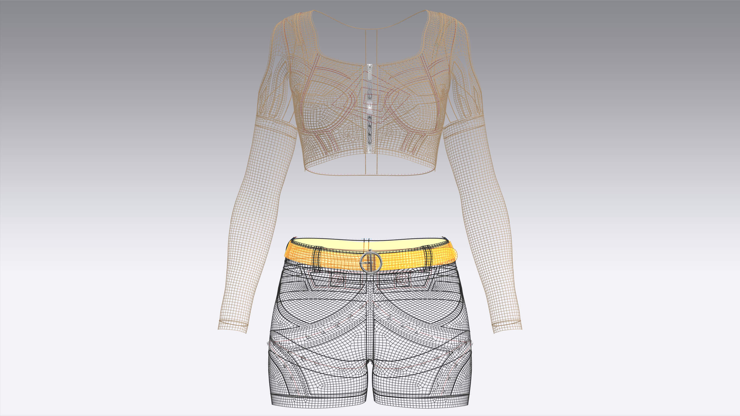 Girls Cut Out Shoulder Zip Crop Top with Shorts 3D Model