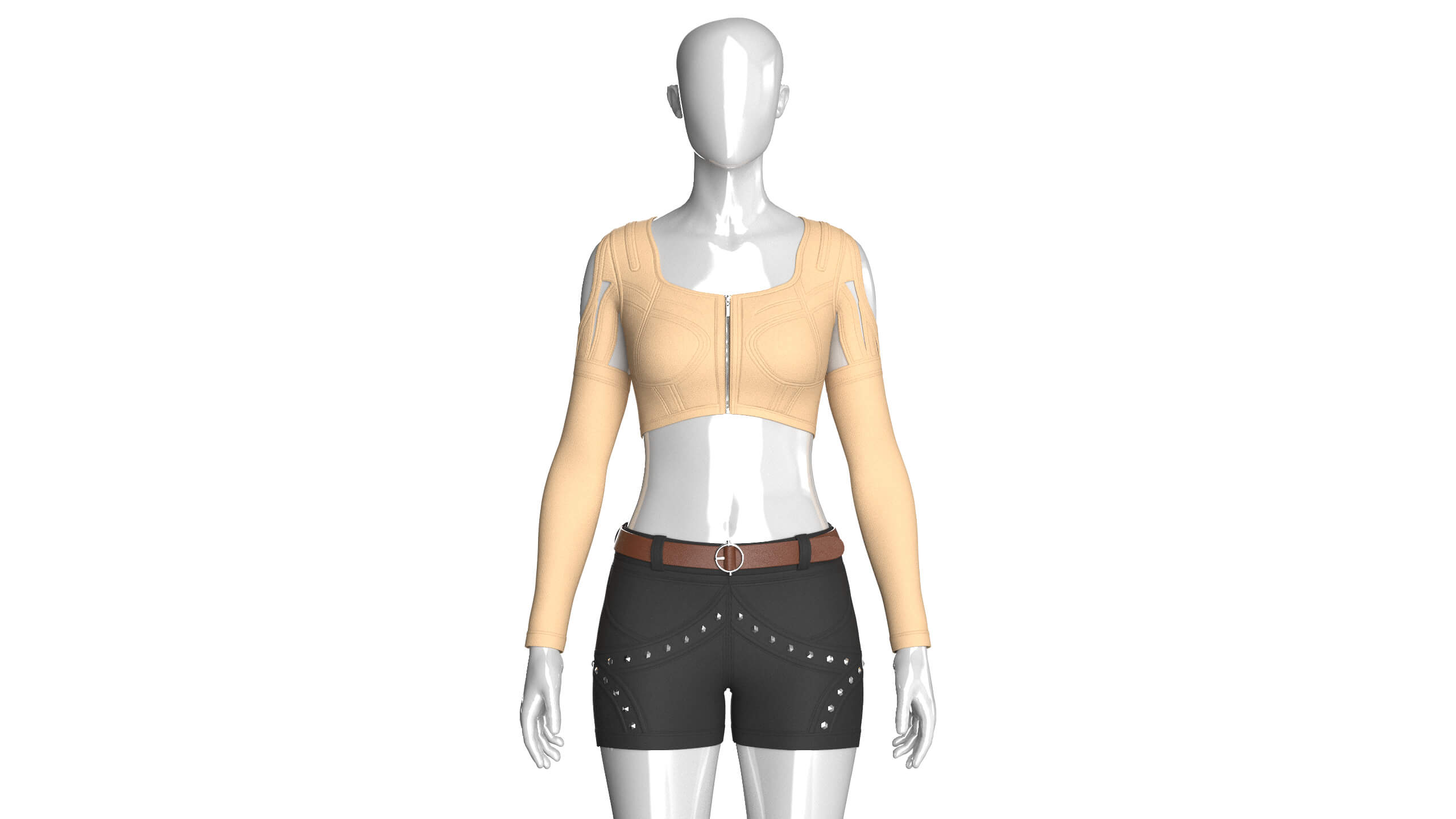 Girls Cut Out Shoulder Zip Crop Top with Shorts 3D Model