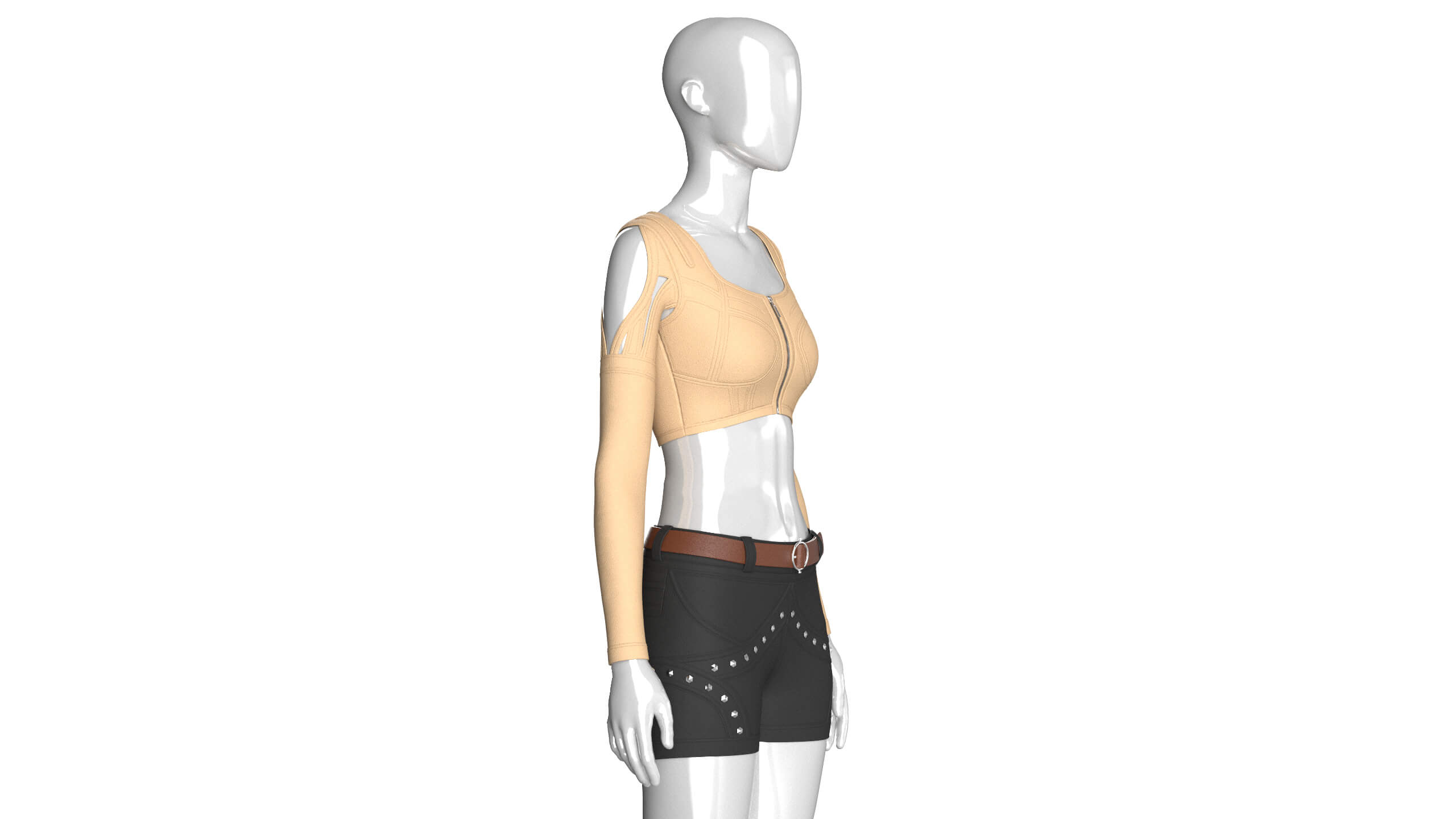 Girls Cut Out Shoulder Zip Crop Top with Shorts 3D Model