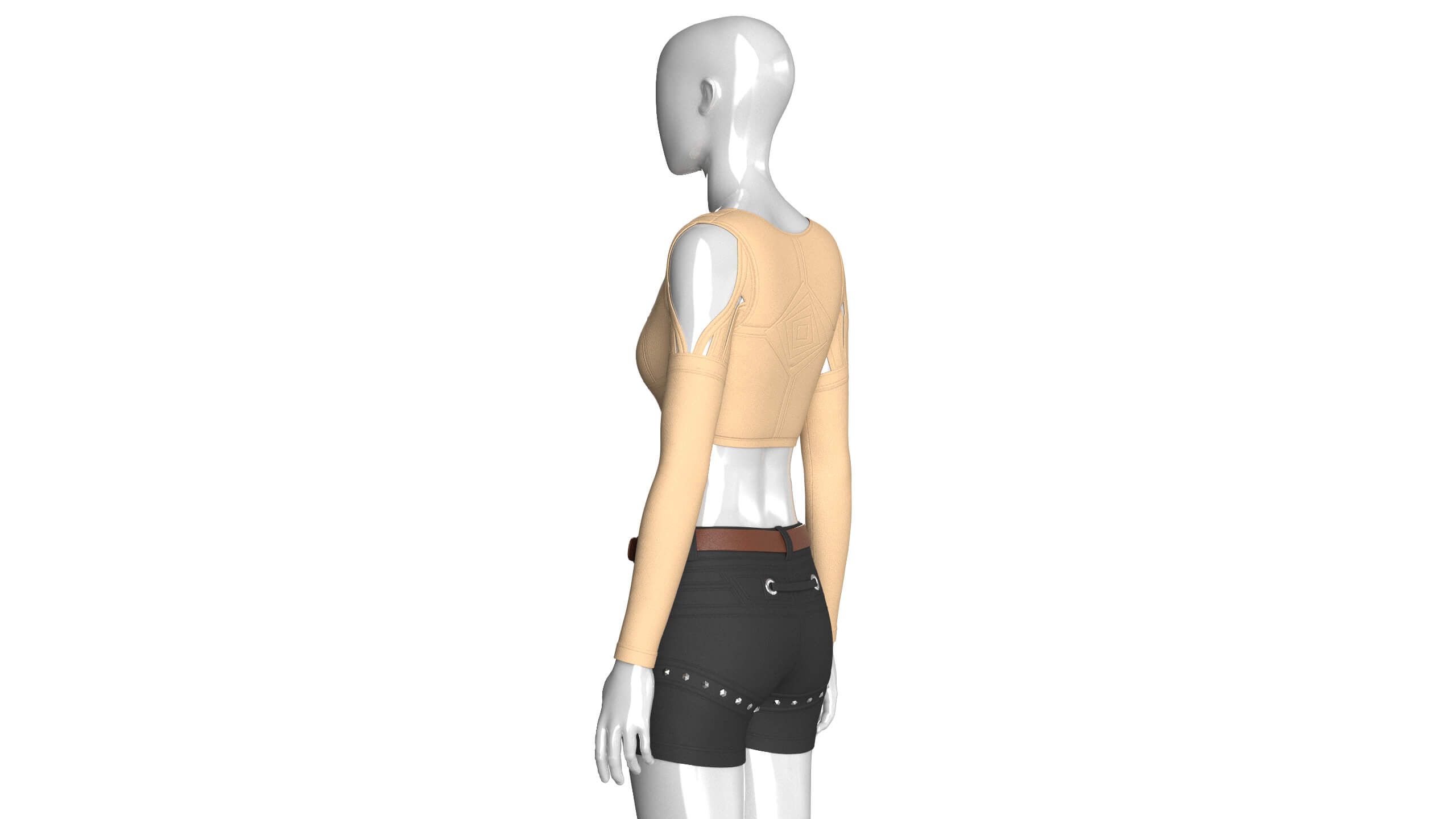 Girls Cut Out Shoulder Zip Crop Top with Shorts 3D Model