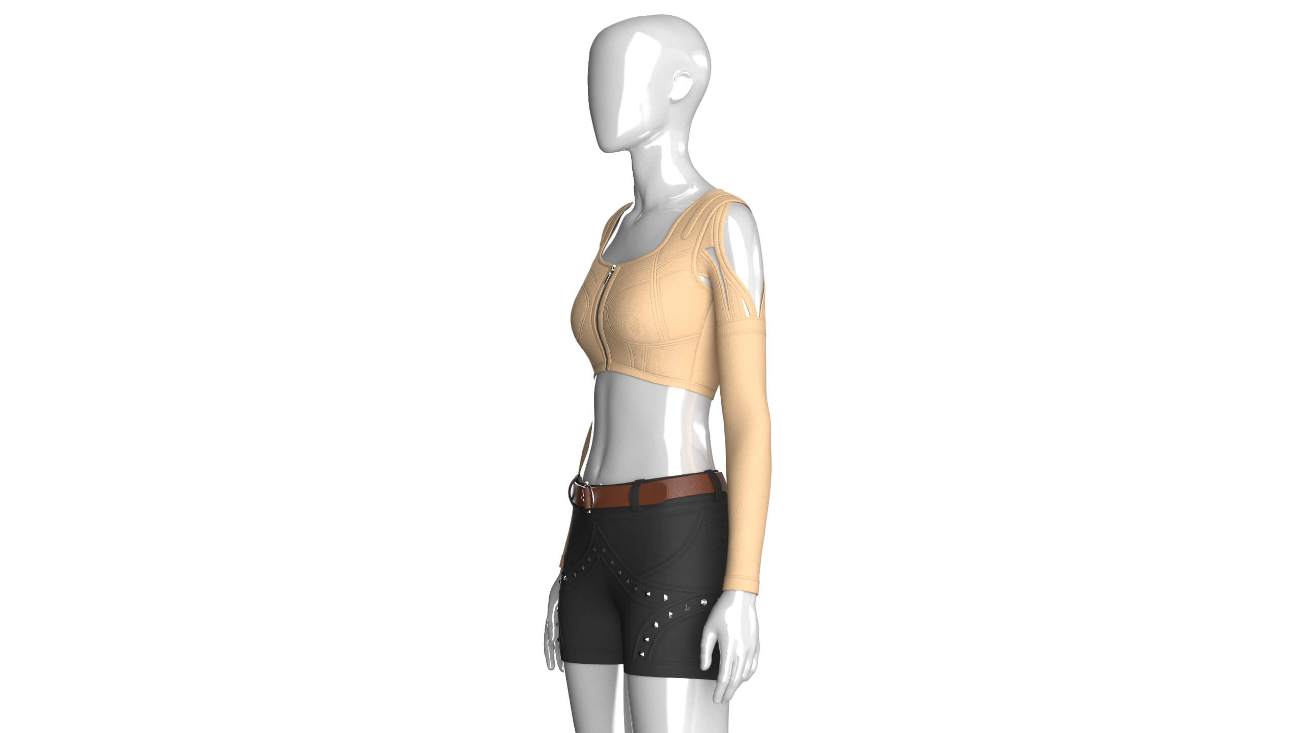 Girls Cut Out Shoulder Zip Crop Top with Shorts 3D Model