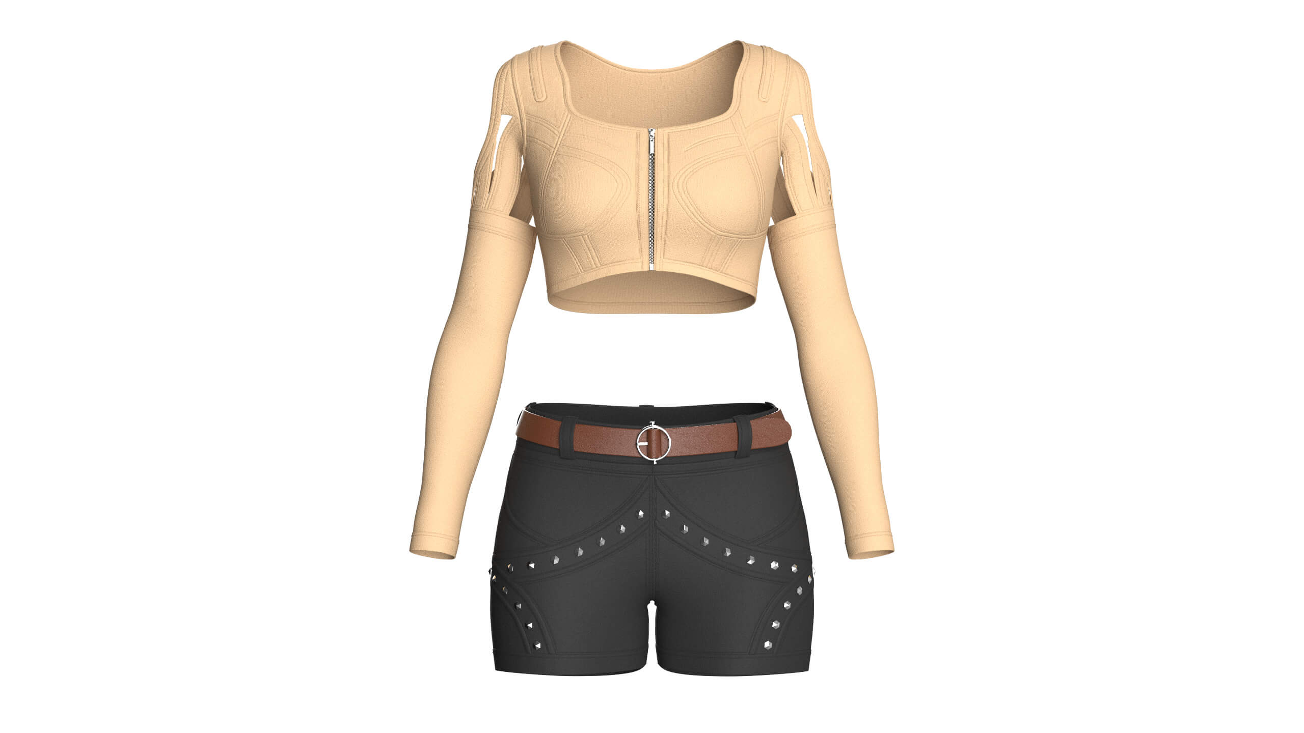 Girls Cut Out Shoulder Zip Crop Top with Shorts 3D Model