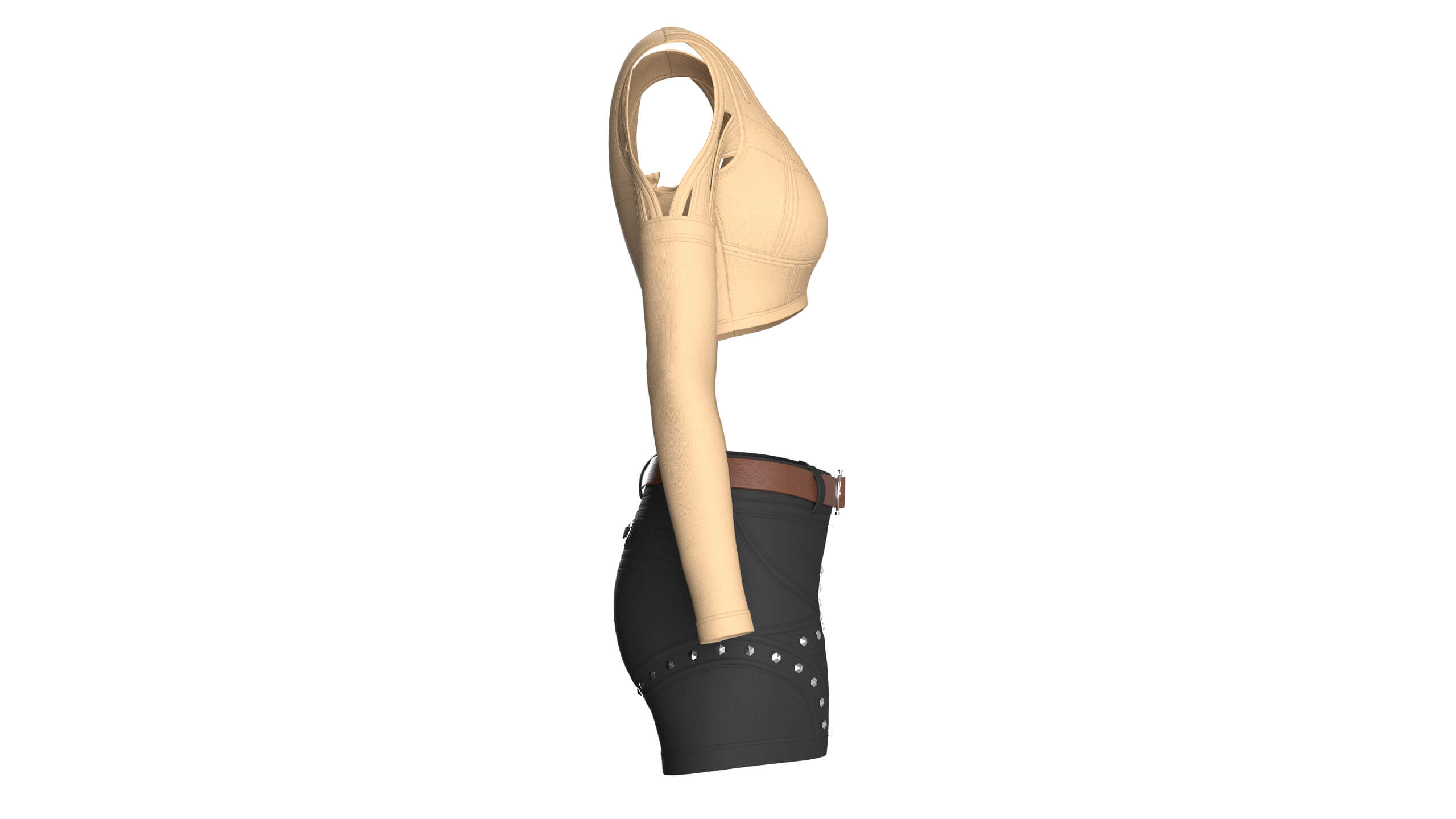 Girls Cut Out Shoulder Zip Crop Top with Shorts 3D Model