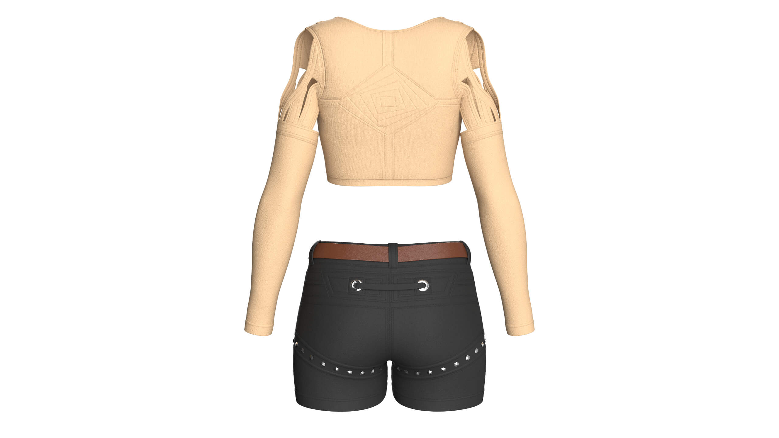 Girls Cut Out Shoulder Zip Crop Top with Shorts 3D Model