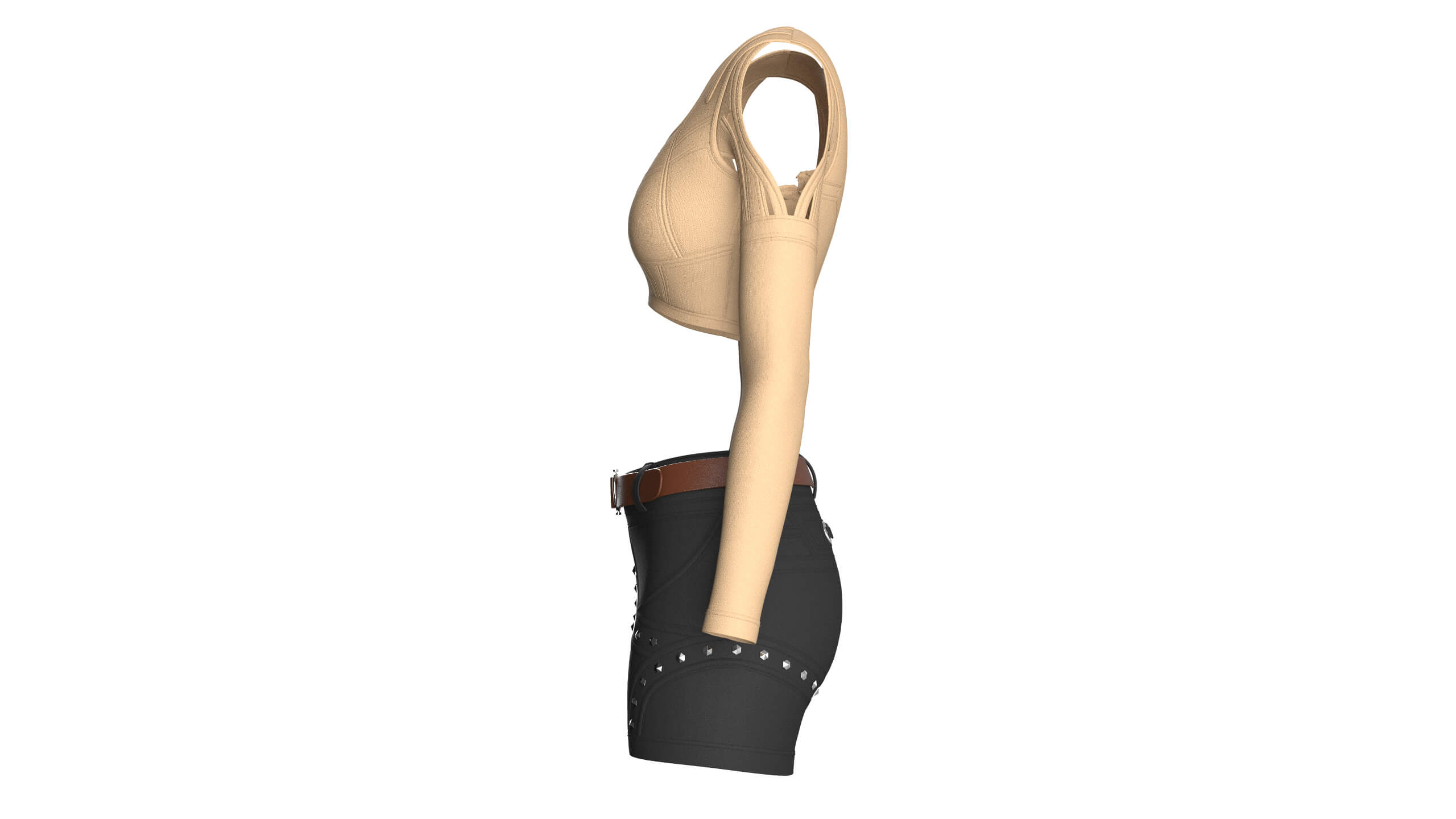 Girls Cut Out Shoulder Zip Crop Top with Shorts 3D Model