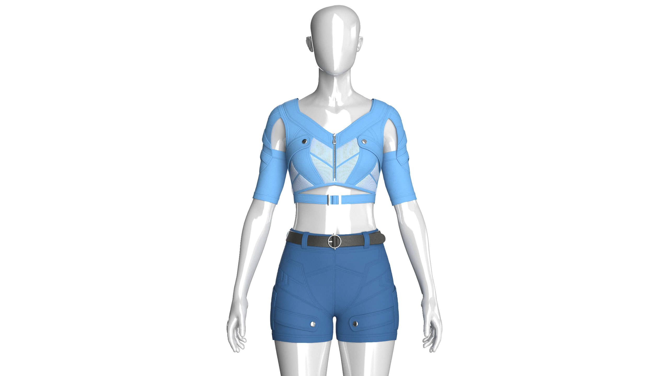 Girls Cutout-Sleeve Crop Top with Utility Shorts 3D Model