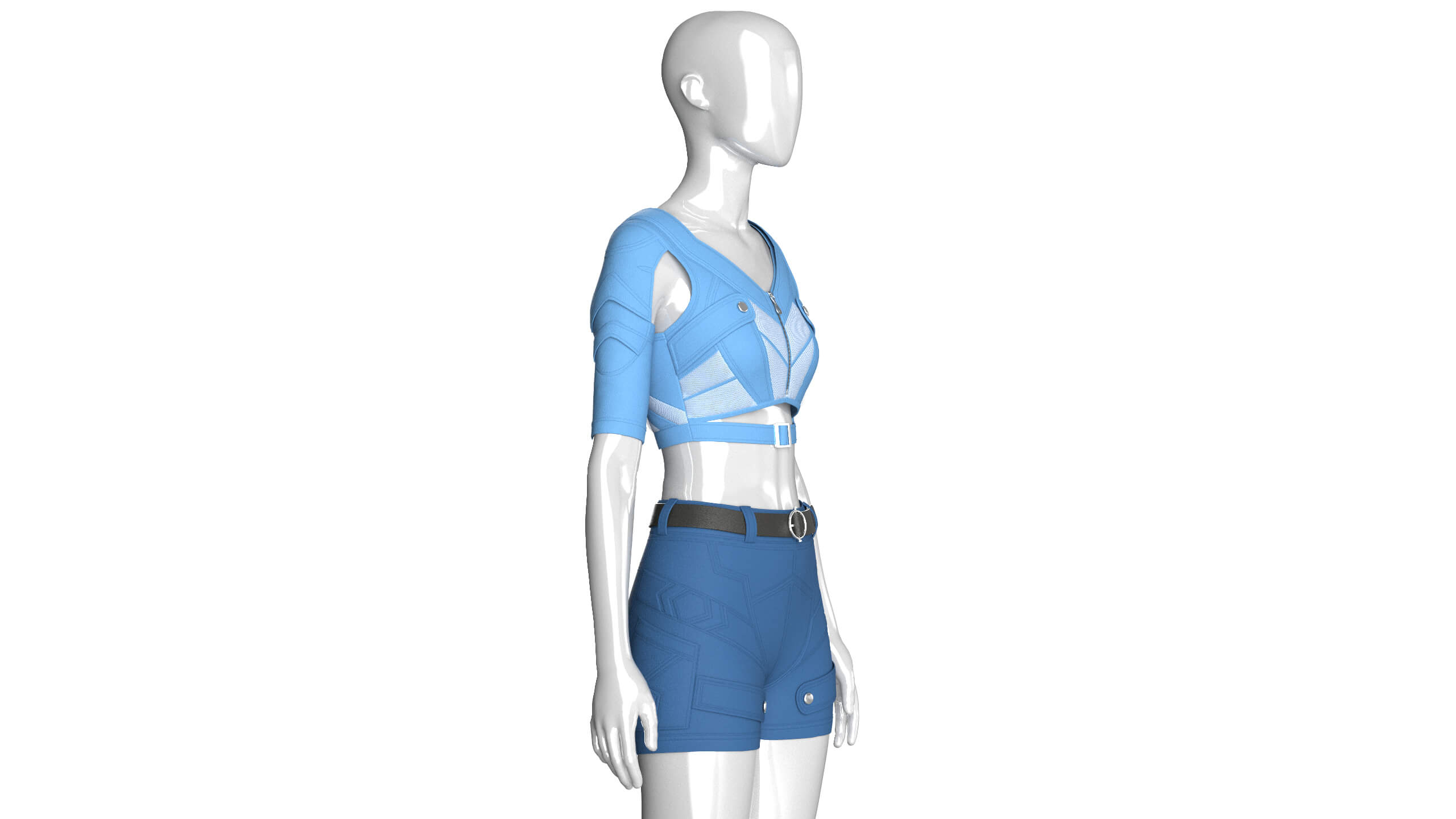 Girls Cutout-Sleeve Crop Top with Utility Shorts 3D Model