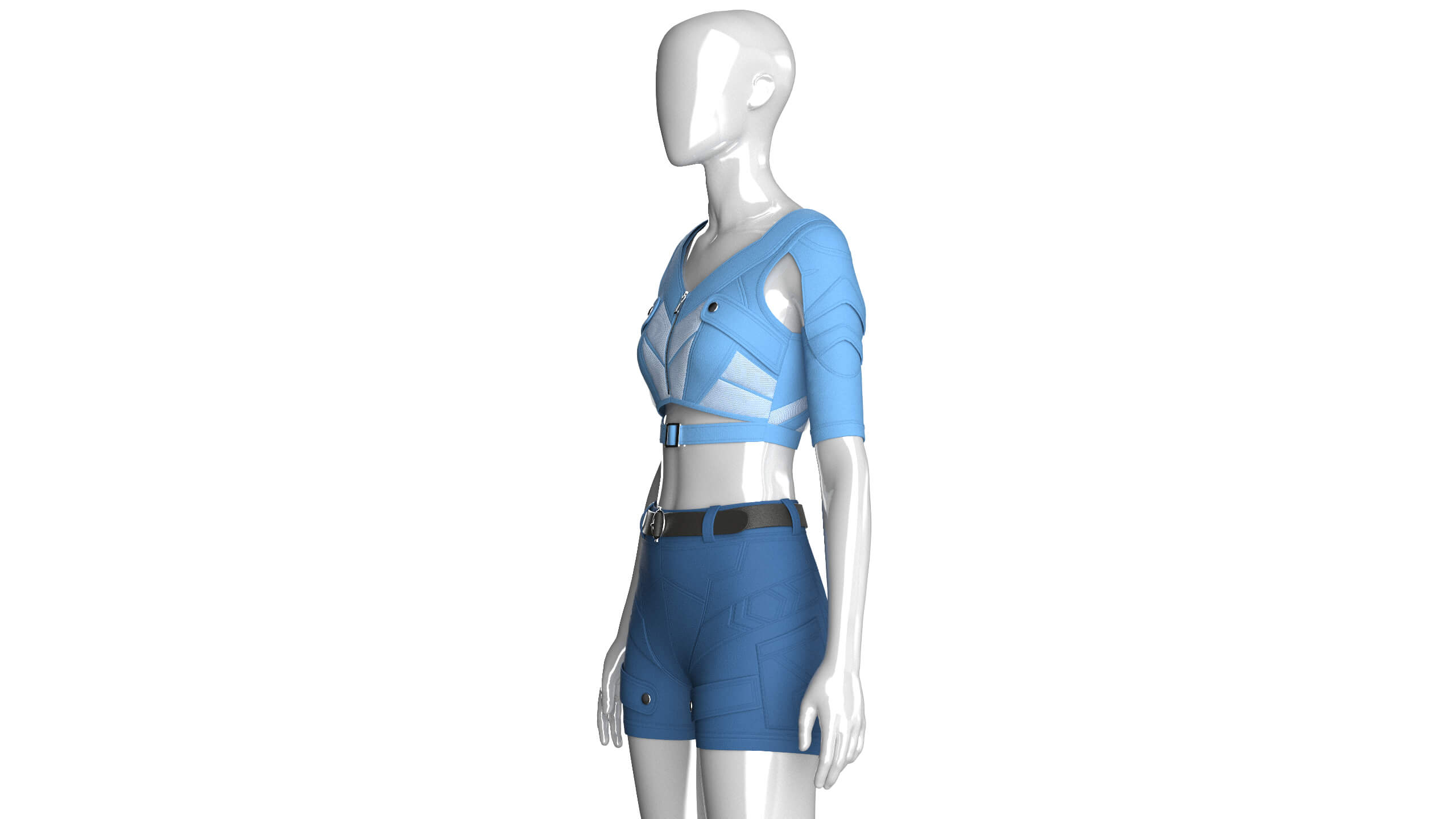 Girls Cutout-Sleeve Crop Top with Utility Shorts 3D Model