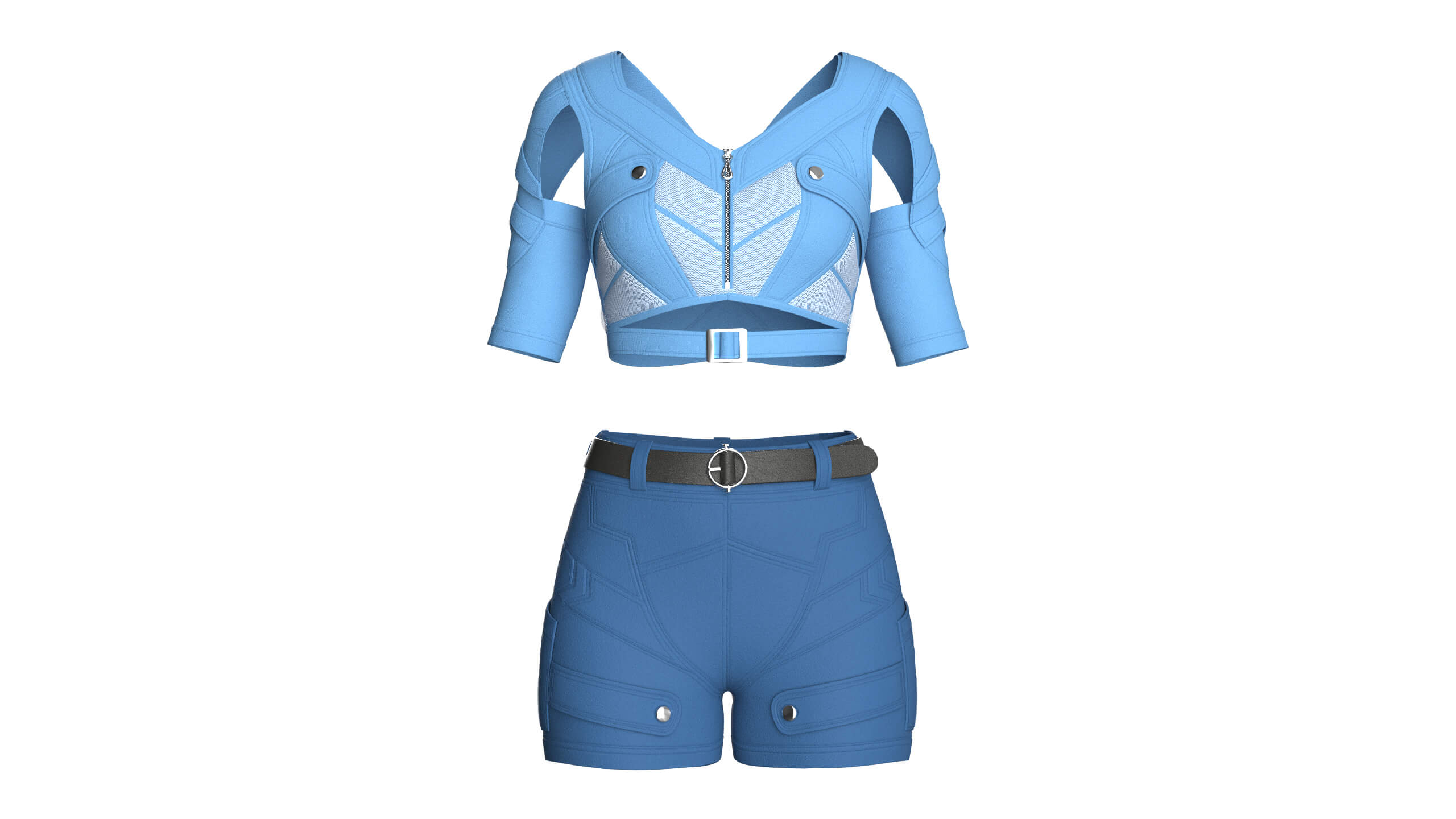 Girls Cutout-Sleeve Crop Top with Utility Shorts 3D Model