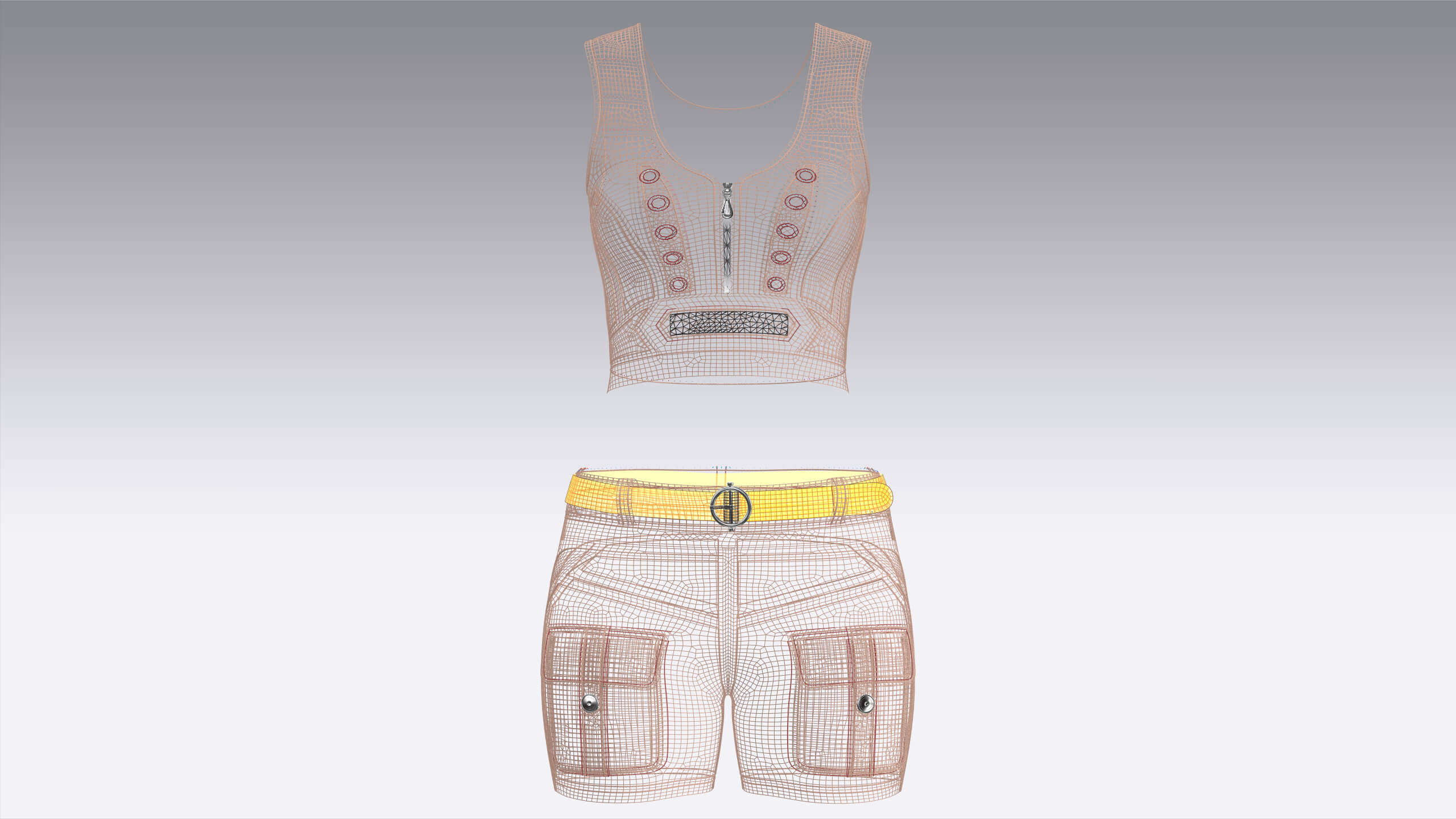 Girls Eyelet Detail Half-Zip Crop Top with Cargo Shorts 3D Model