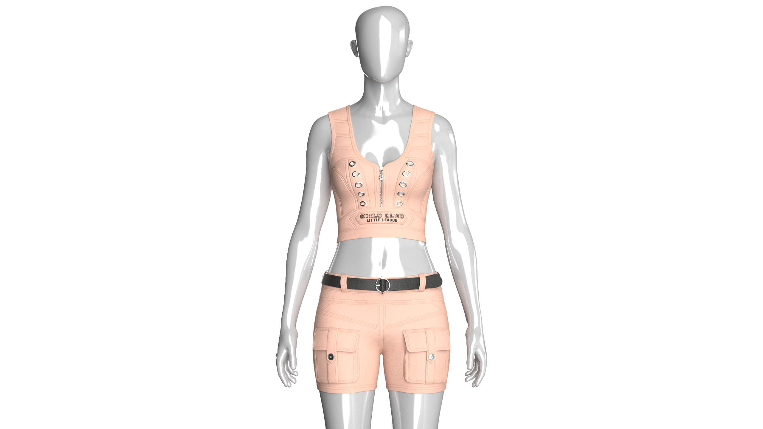 Girls Eyelet Detail Half-Zip Crop Top with Cargo Shorts 3D Model