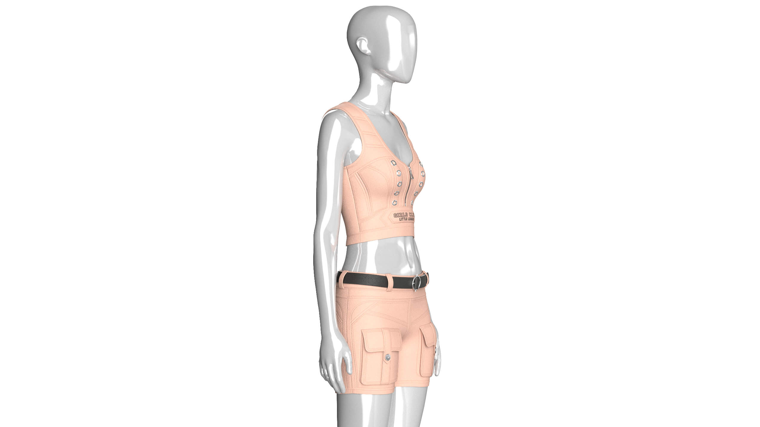 Girls Eyelet Detail Half-Zip Crop Top with Cargo Shorts 3D Model