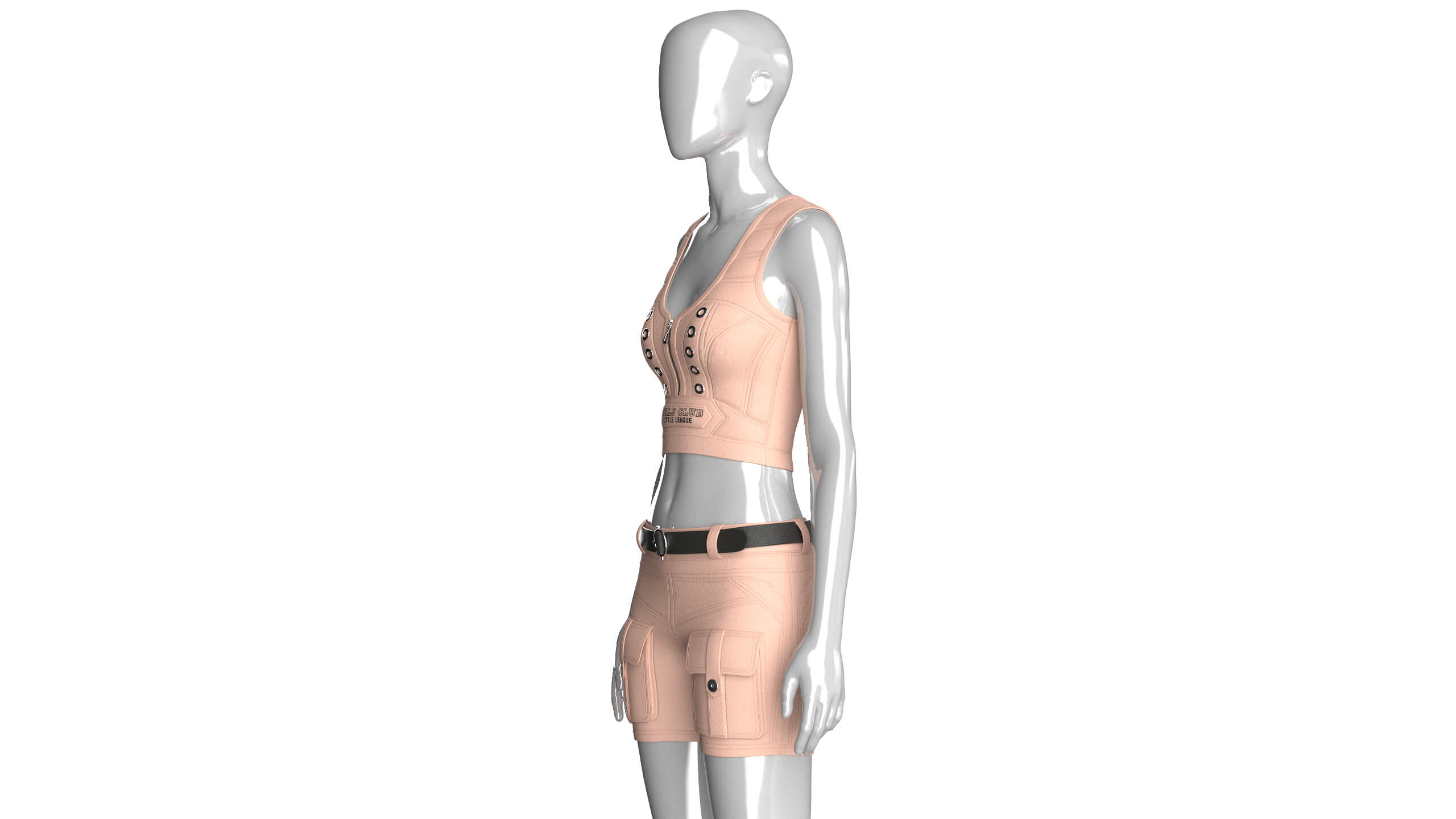 Girls Eyelet Detail Half-Zip Crop Top with Cargo Shorts 3D Model