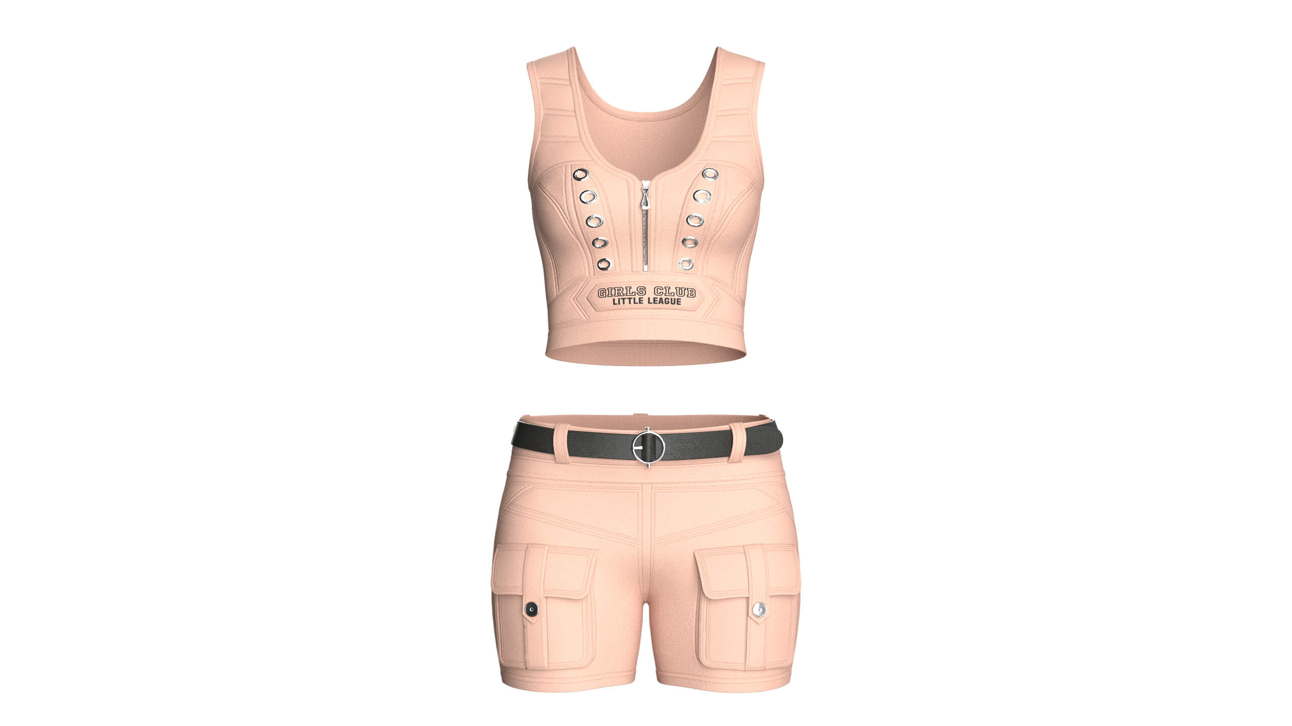 Girls Eyelet Detail Half-Zip Crop Top with Cargo Shorts 3D Model