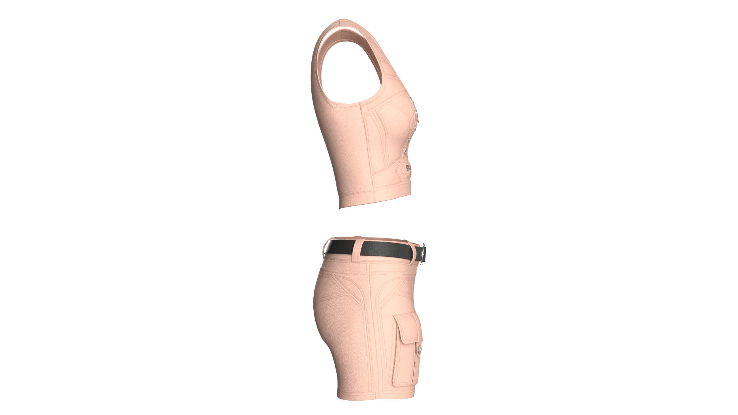 Girls Eyelet Detail Half-Zip Crop Top with Cargo Shorts 3D Model