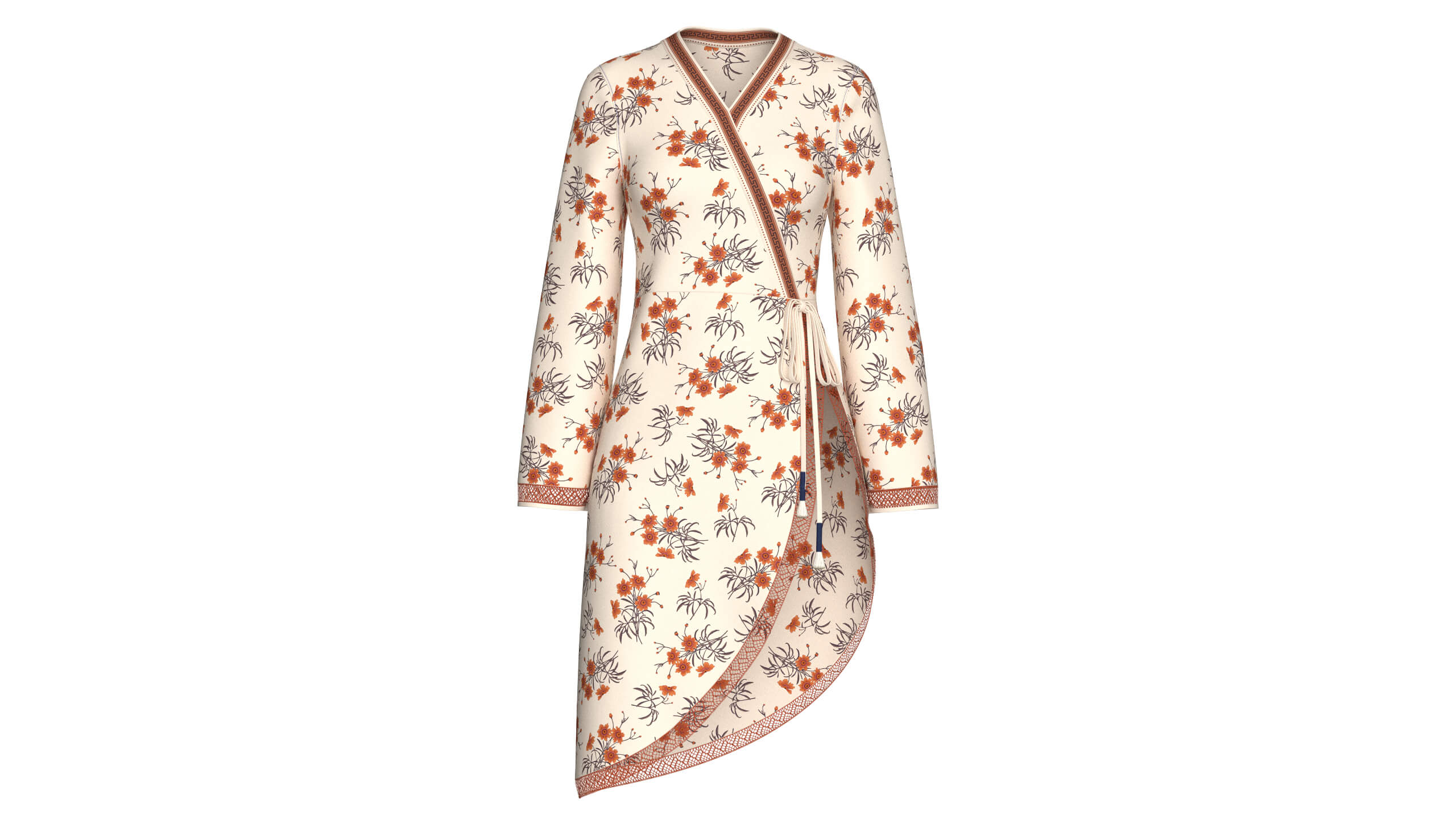 Girls Floral Wrap V-Neck Dress with Side Tie 3D Model