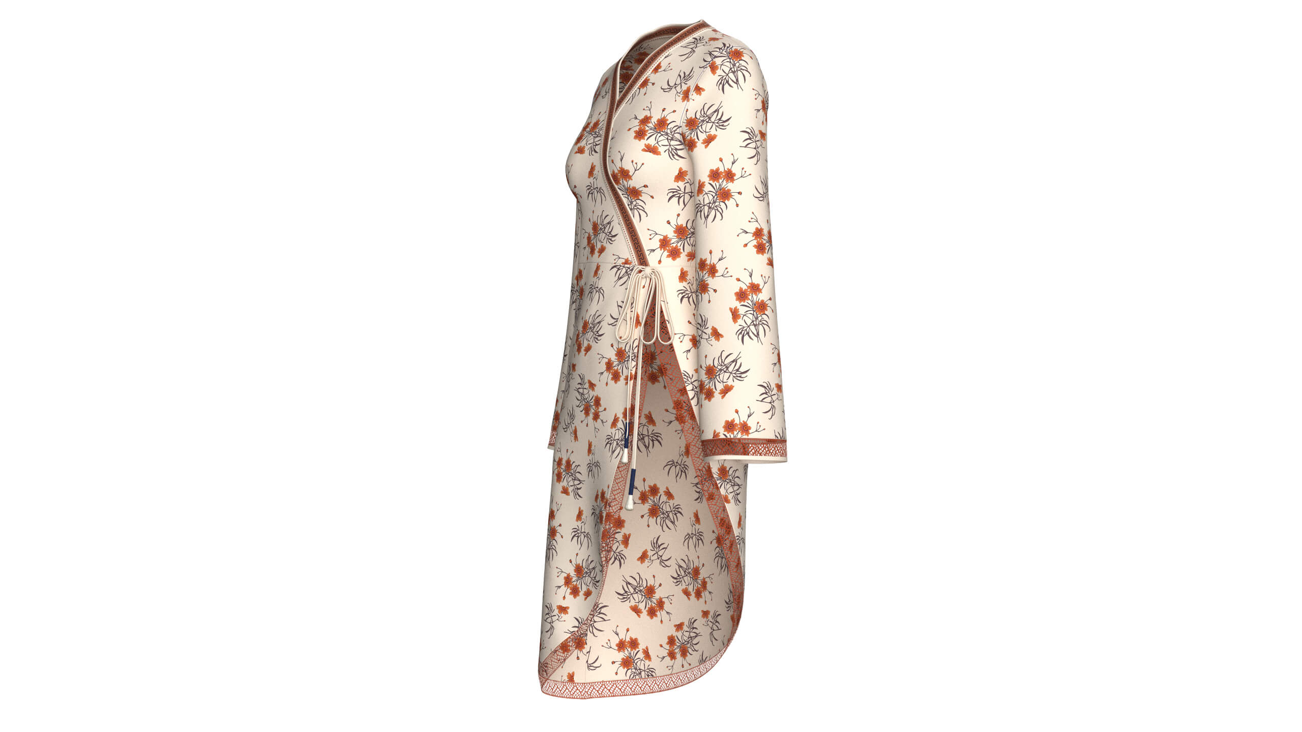 Girls Floral Wrap V-Neck Dress with Side Tie 3D Model