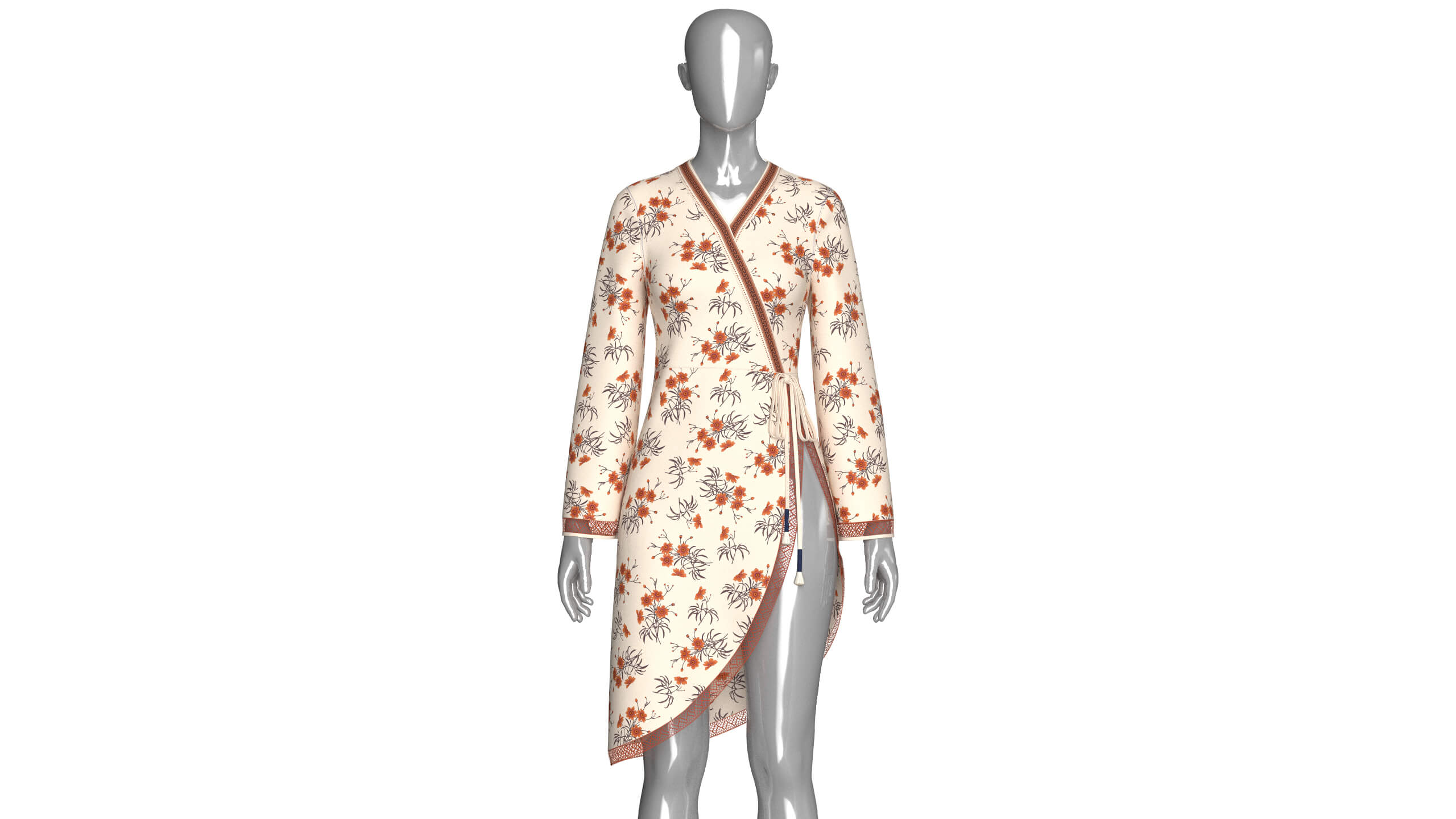 Girls Floral Wrap V-Neck Dress with Side Tie 3D Model