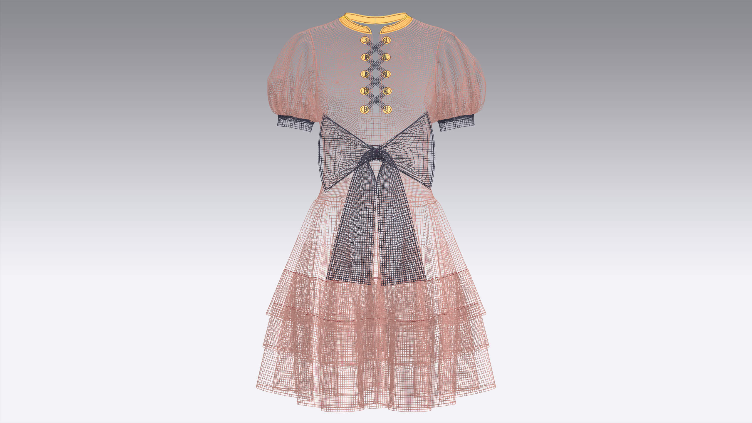 Girls Front Lace-Up Puff Sleeve Tiered Mini Dress 3D Model