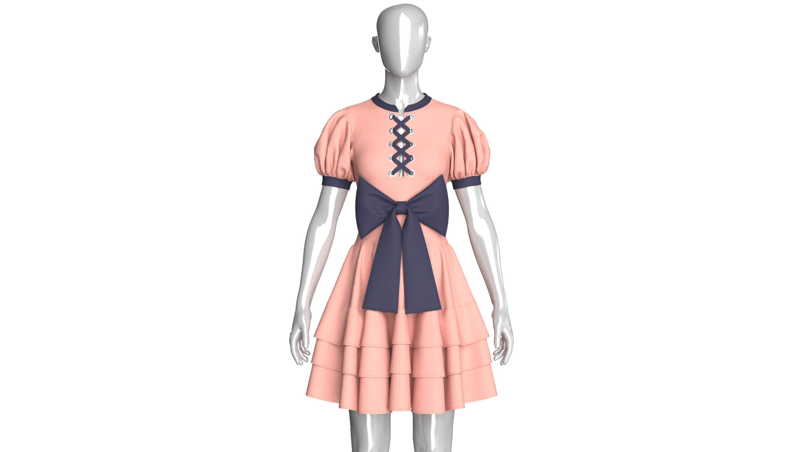 Girls Front Lace-Up Puff Sleeve Tiered Mini Dress 3D Model