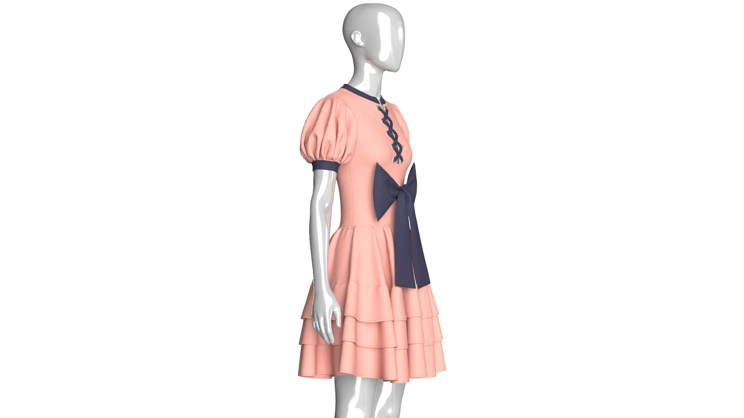 Girls Front Lace-Up Puff Sleeve Tiered Mini Dress 3D Model