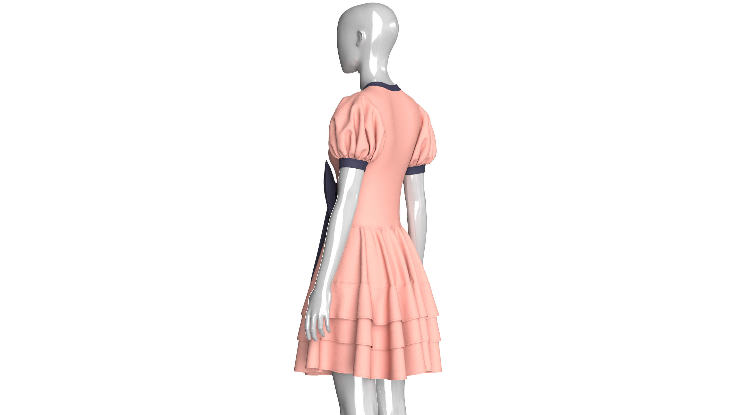 Girls Front Lace-Up Puff Sleeve Tiered Mini Dress 3D Model