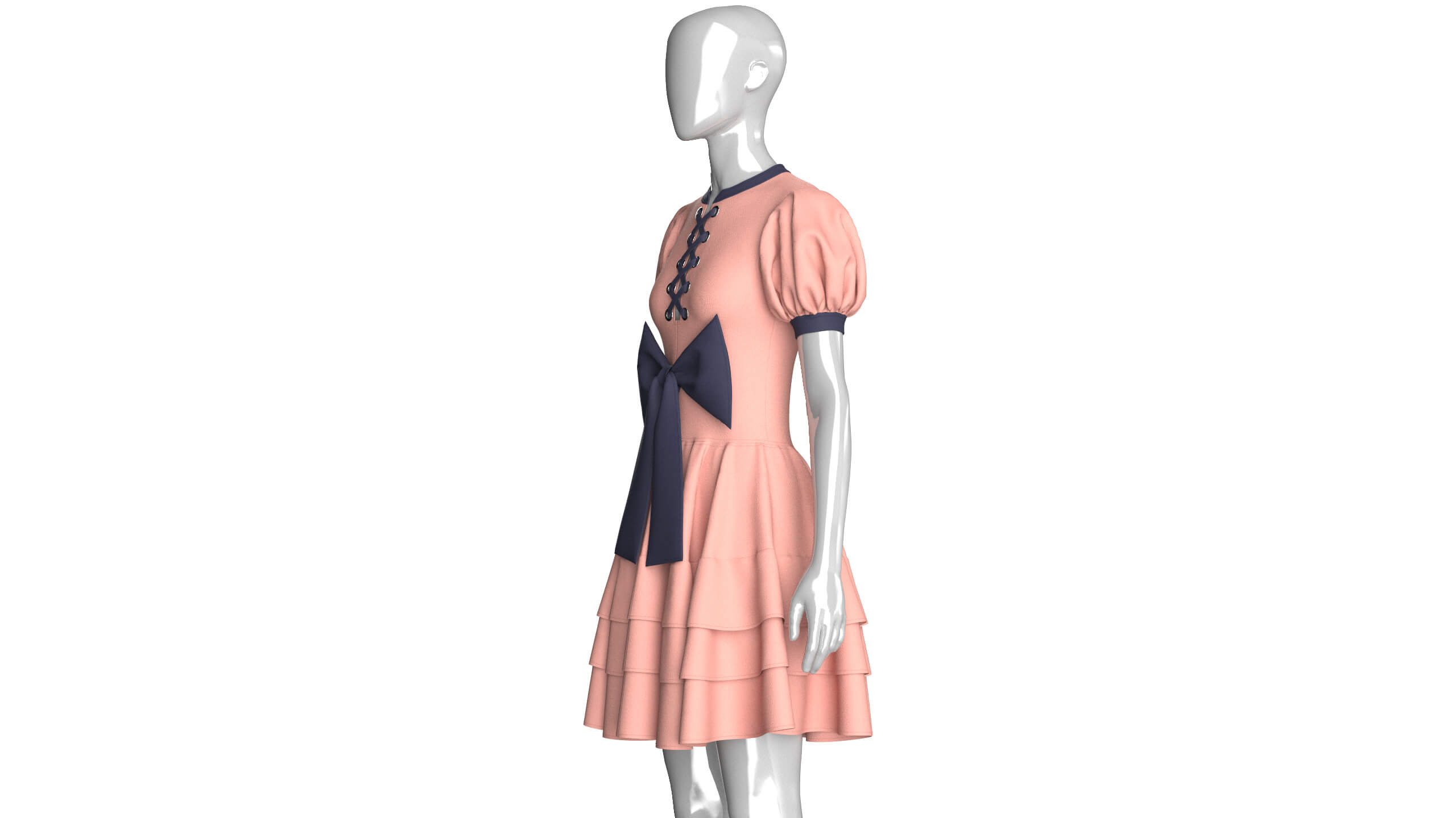 Girls Front Lace-Up Puff Sleeve Tiered Mini Dress 3D Model