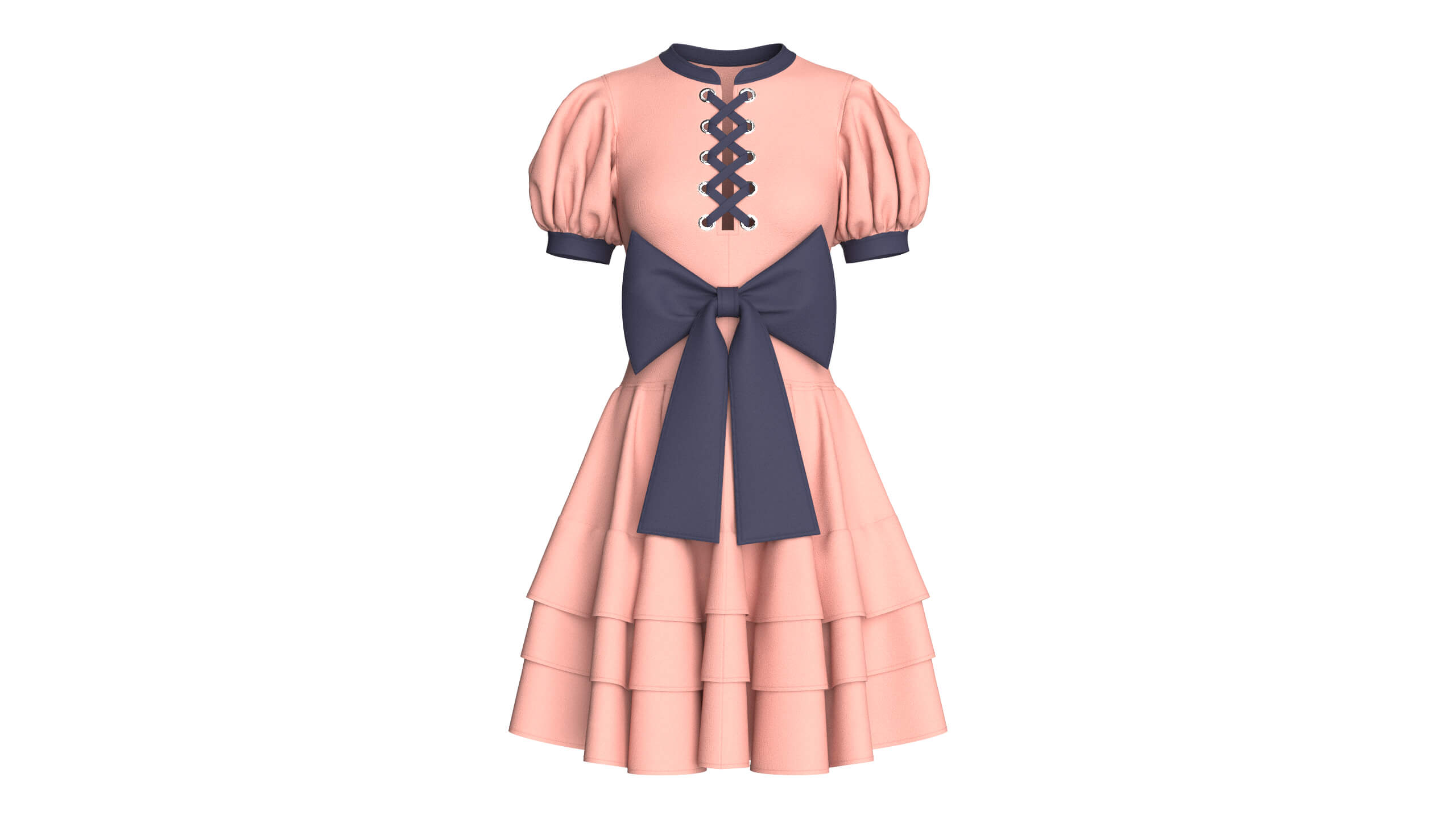 Girls Front Lace-Up Puff Sleeve Tiered Mini Dress 3D Model