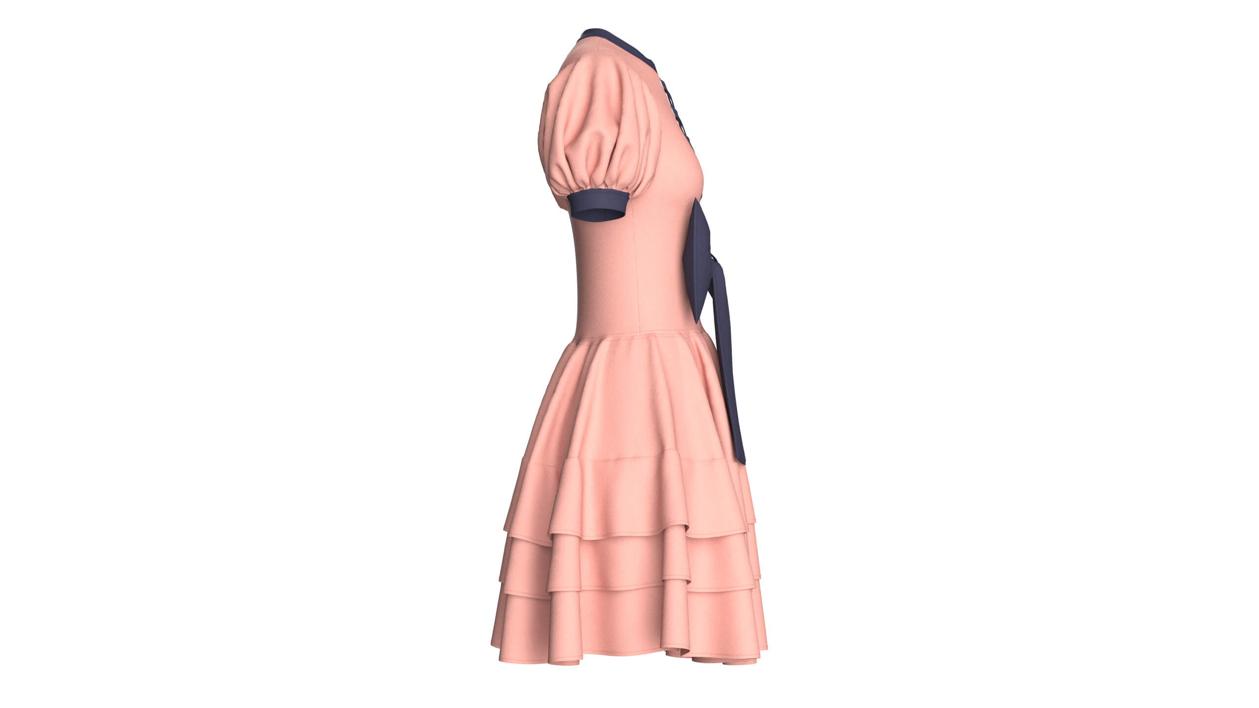 Girls Front Lace-Up Puff Sleeve Tiered Mini Dress 3D Model