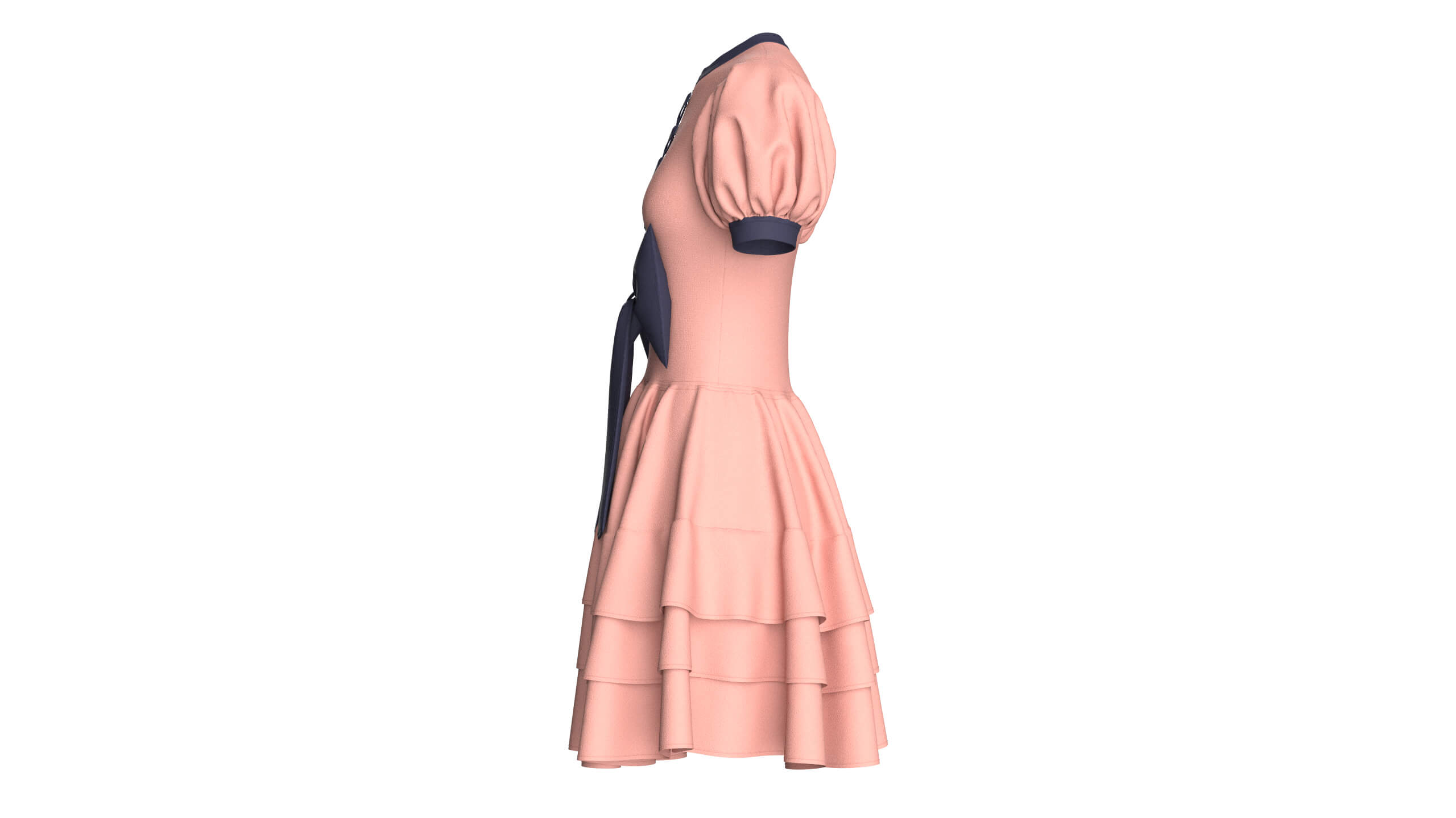 Girls Front Lace-Up Puff Sleeve Tiered Mini Dress 3D Model