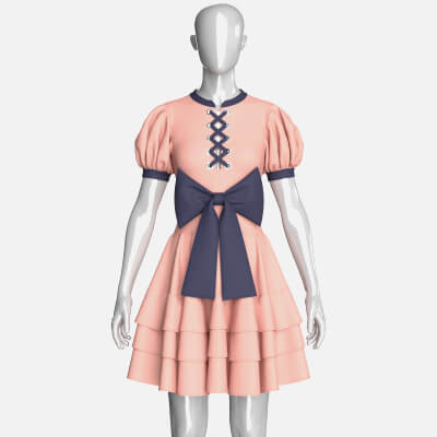 Girls Front Lace-Up Puff Sleeve Tiered Mini Dress