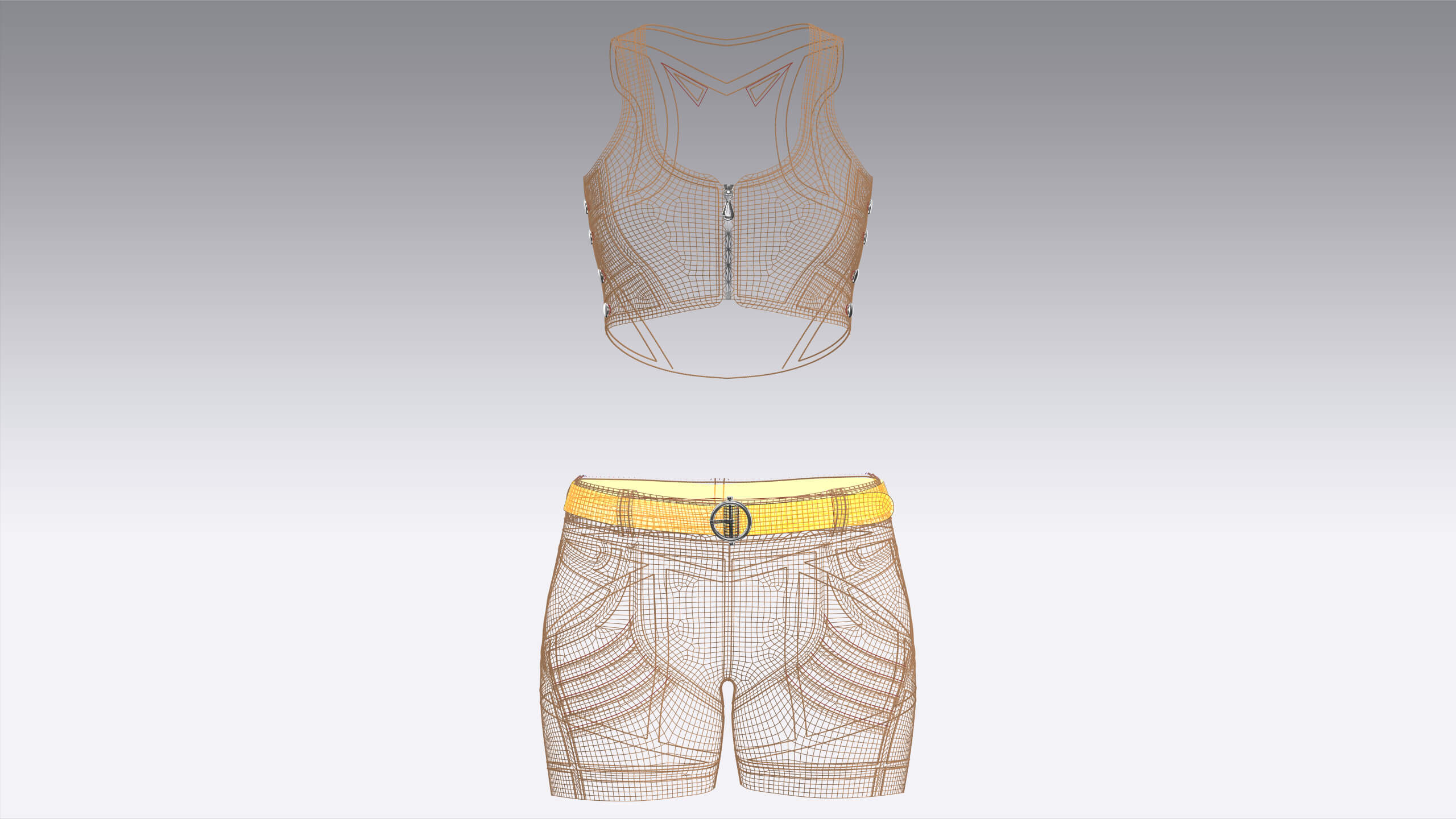 Girls Front-Zip Crop Top with Utility Shorts 3D Model