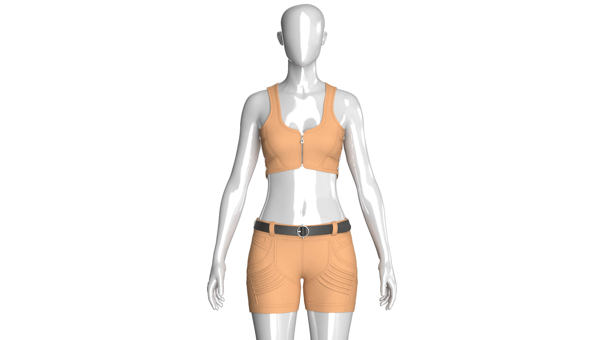Girls Front-Zip Crop Top with Utility Shorts 3D Model
