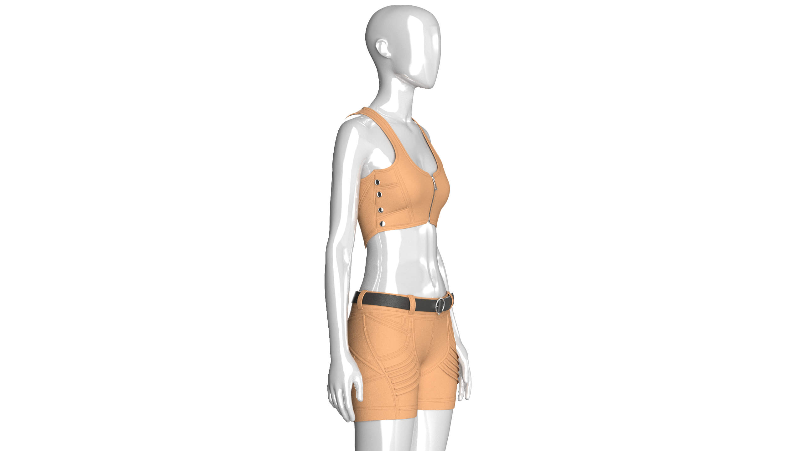 Girls Front-Zip Crop Top with Utility Shorts 3D Model