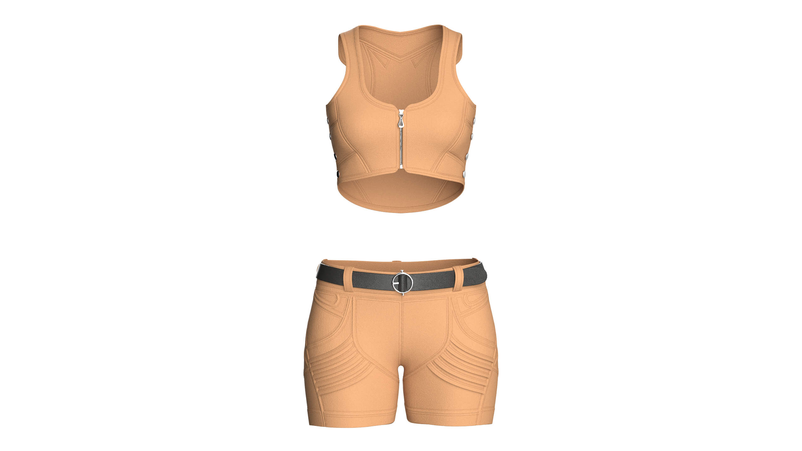 Girls Front-Zip Crop Top with Utility Shorts 3D Model