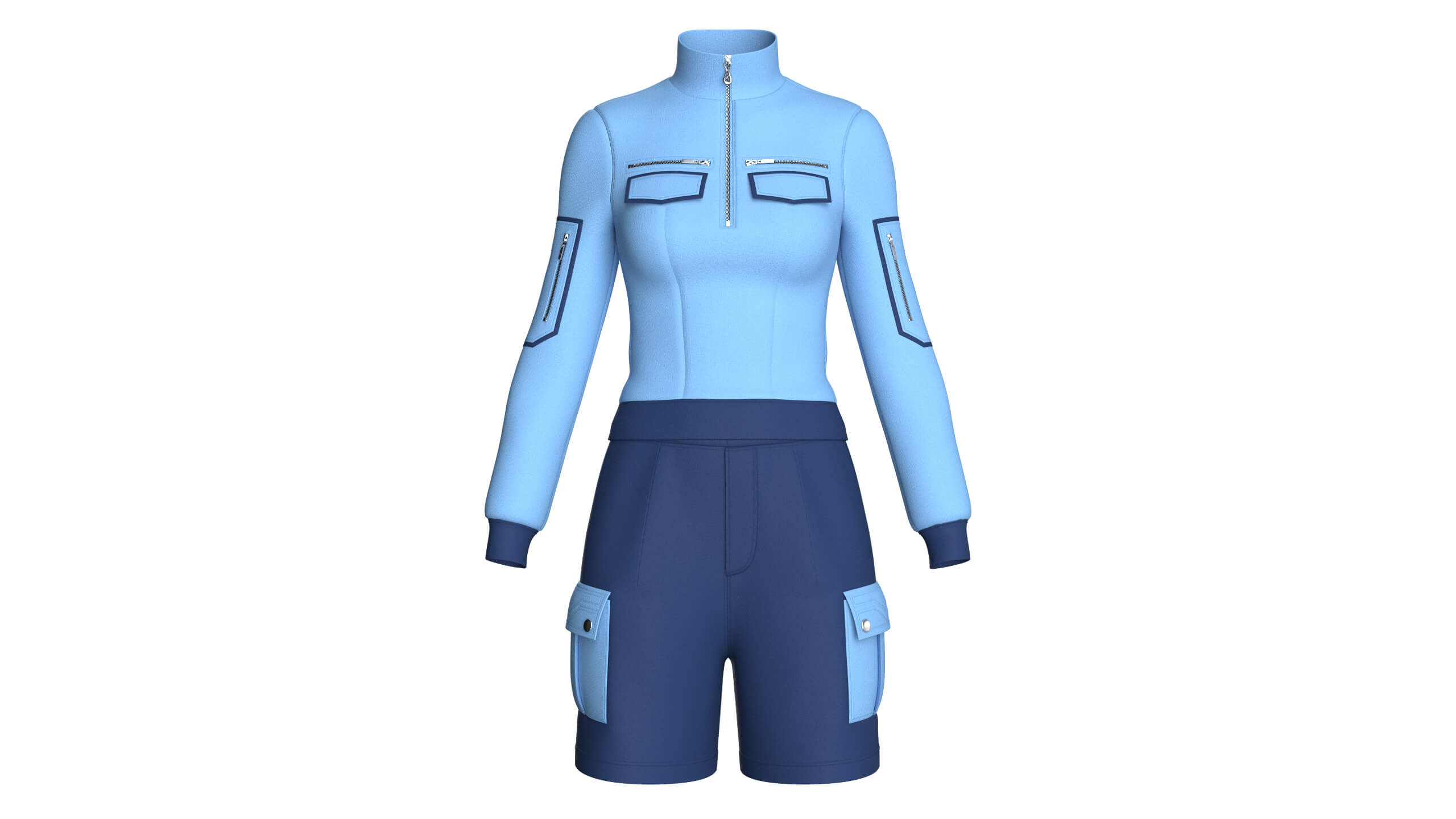 Girls Half-Zip High Neck Jacket with Cargo Shorts 3D Model