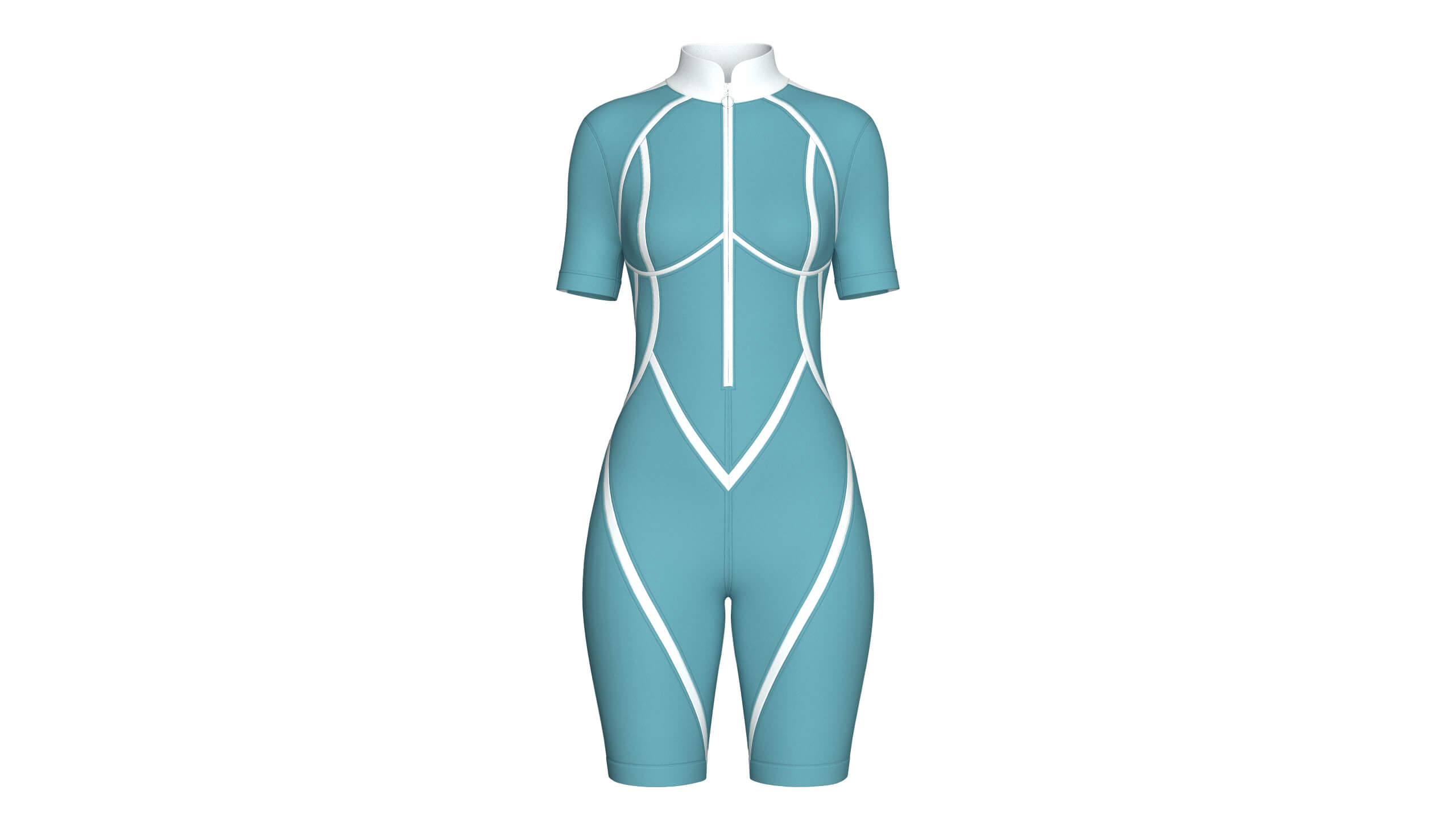 Girls Half-Zip Short Sleeve Swimsuit with Piping 3D Model