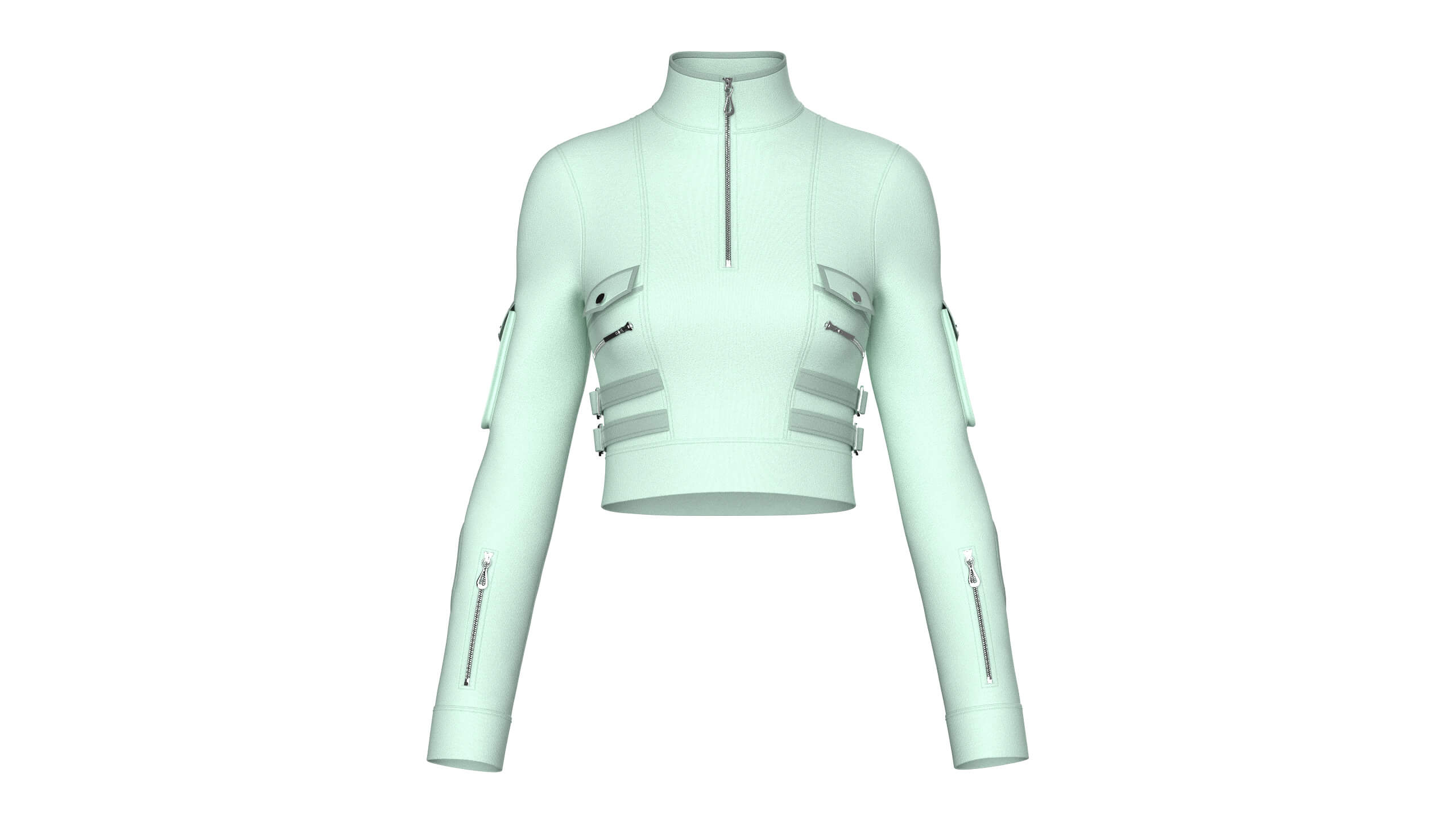 Girls Half-Zip Tactical Buckled Crop Jacket 3D Model